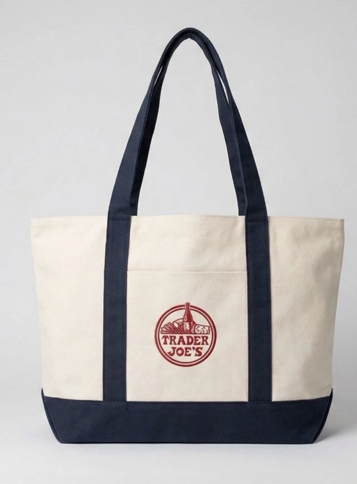 Trader Joe’s Canvas Foldable Reusable Shopping Bag Color Block Beige Navy Blue