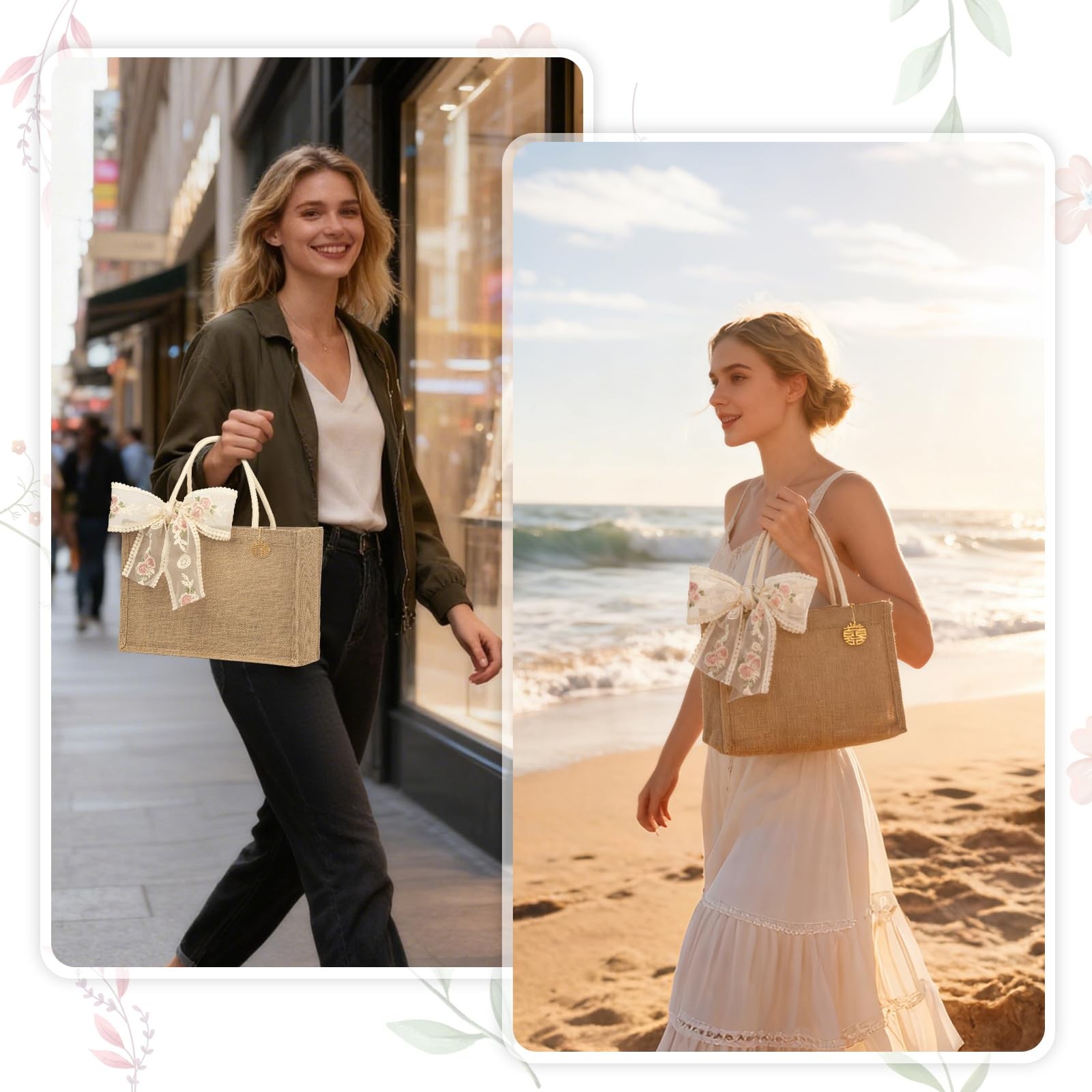 3 PCS Reusable Burlap Jute Tote Bags PE Lined WaterResistant 13x9x5 Inch