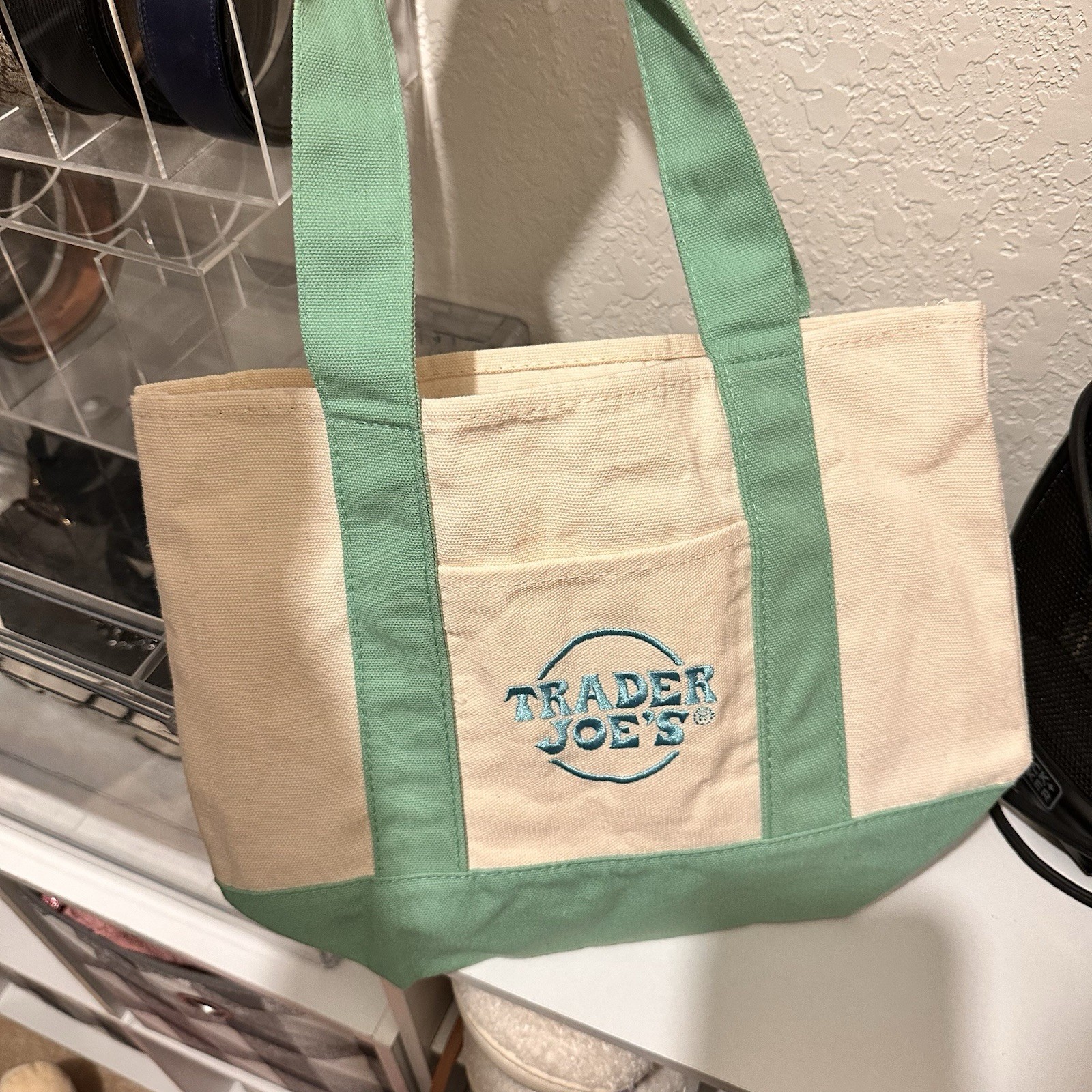 Trader Joe’s Mini Pastel Canvas Tote Bag Green Beige Foldable Solid