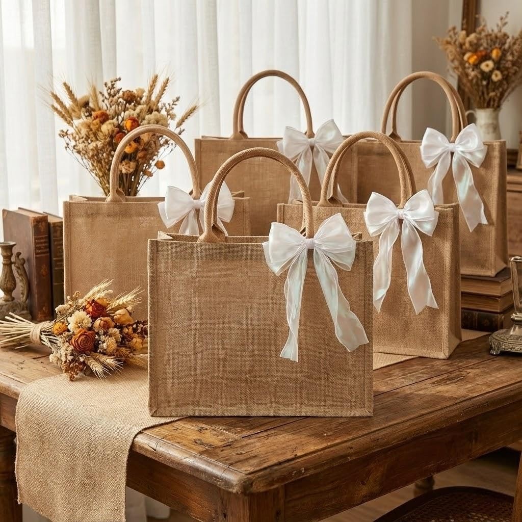 6 PCS Burlap Jute Bridesmaid Tote Bags 15x6x12 Inch PE Lining Organza Bow