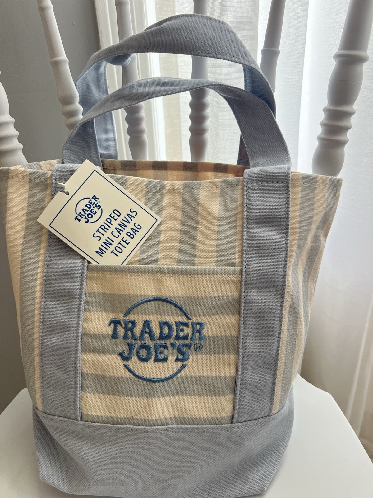 Trader Joe’s Striped Mini Canvas Tote Bag Beige/Blue New