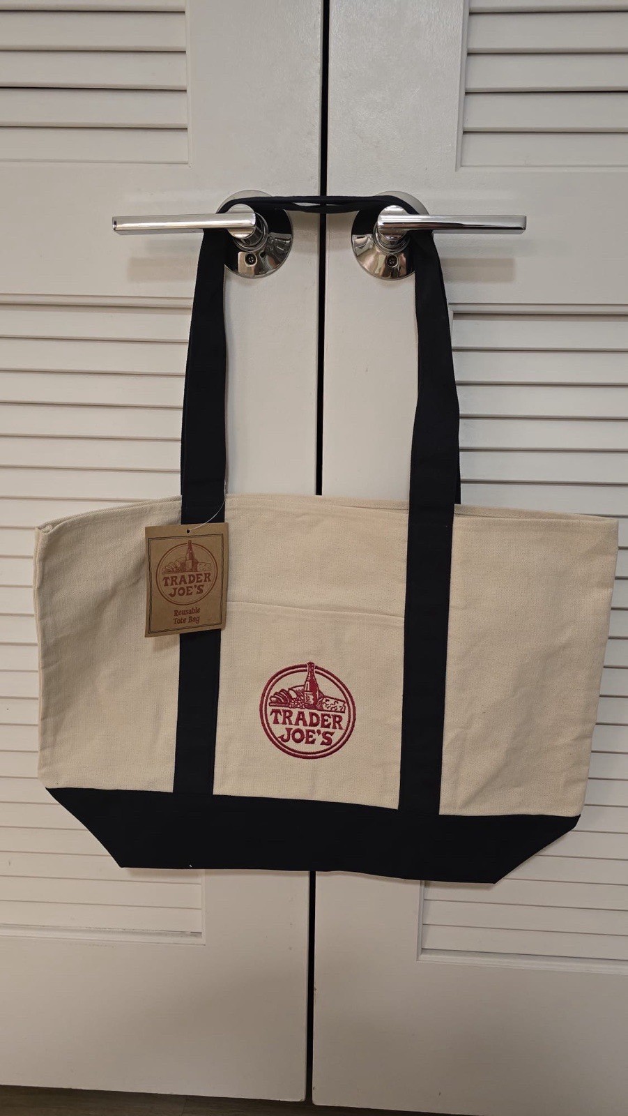 Trader Joe’s Canvas Reusable Shopping Bag Foldable Beige Navy