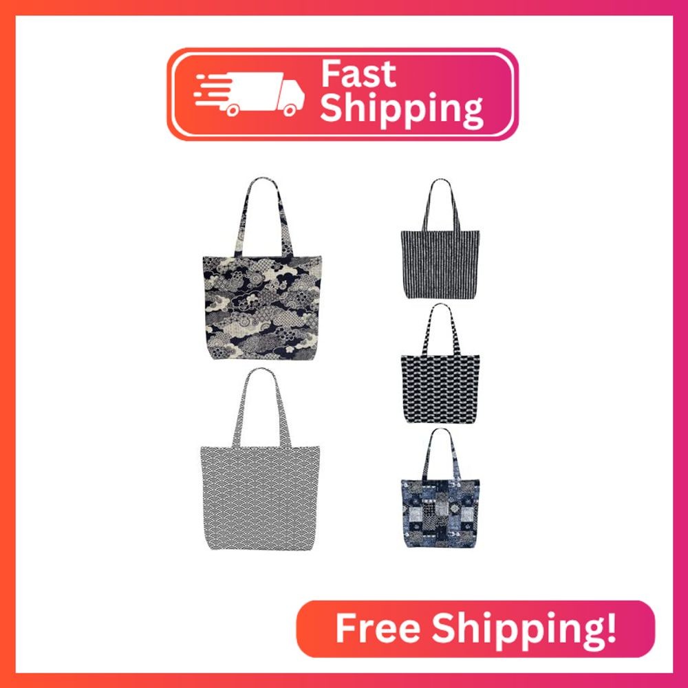 5 Pcs Aesthetic Japanese Traditional Indigo Canvas Tote Bag Canvas Bag with Pock