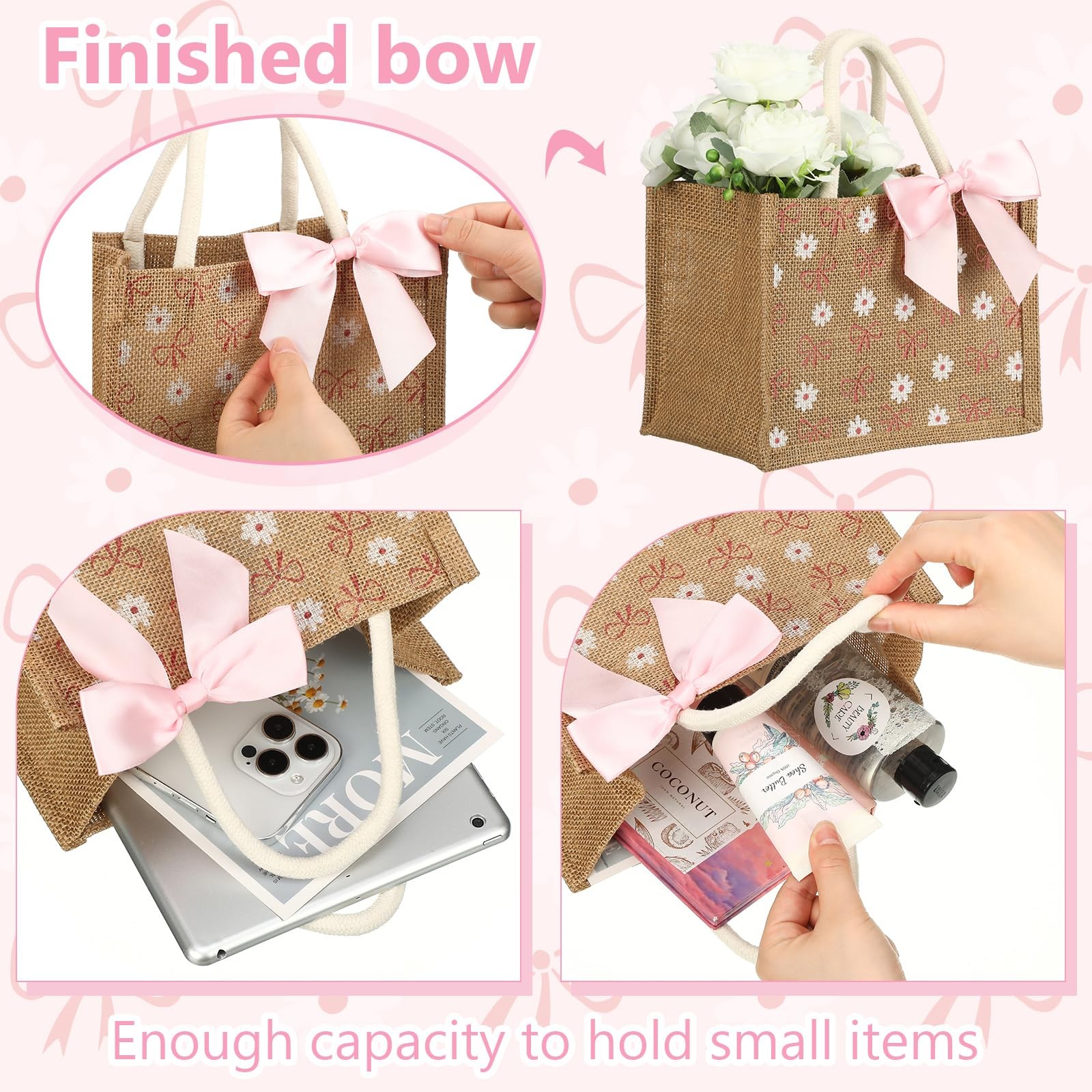 12 Pcs 9×6.3×5.1 inch Burlap Tote Bag with Pink Ribbon Bow Coquette Daisy