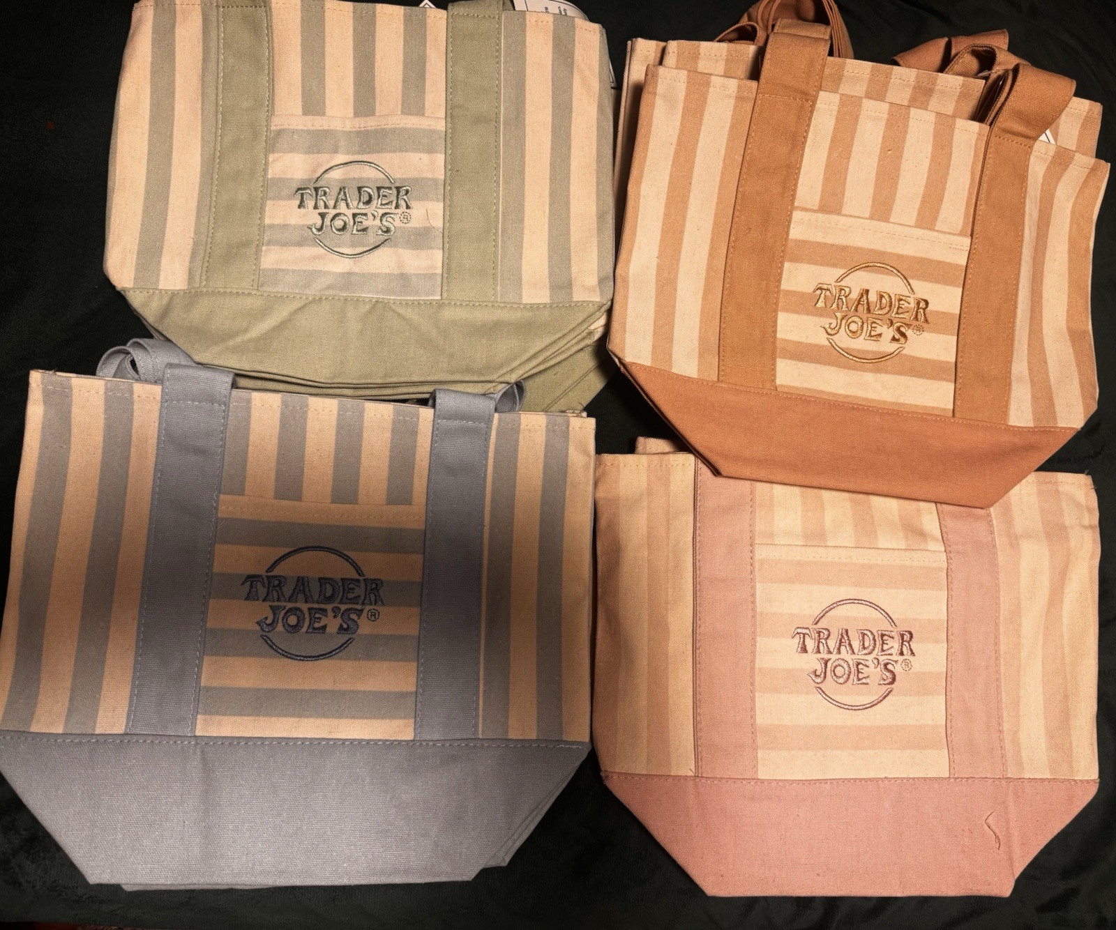Trader Joe’s Lot of 4 Reusable Striped Tote Bags Multicolor Small 11x6x12