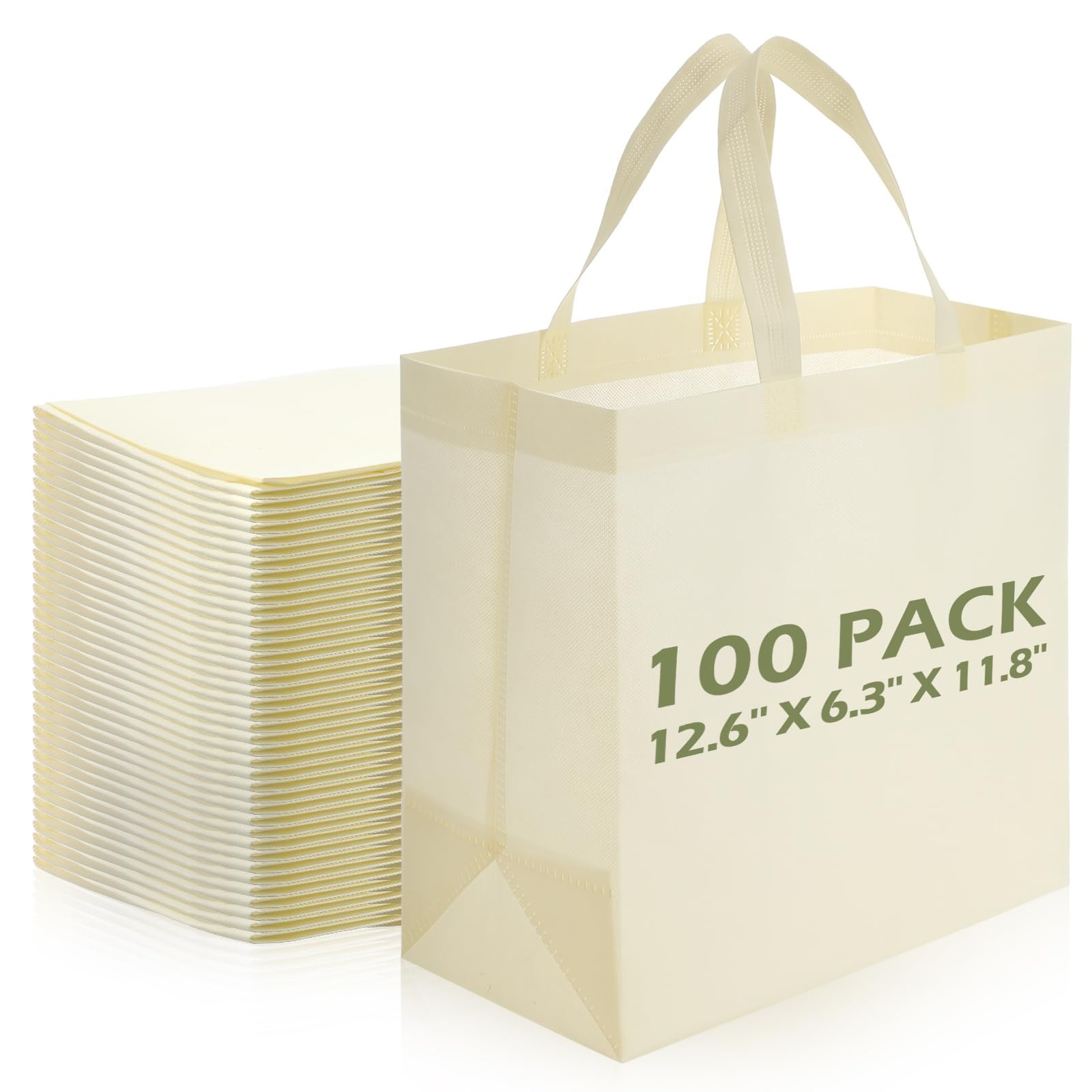 100 PCS Reusable Totes Bags – Non Woven Grocery Handle Large, Beige