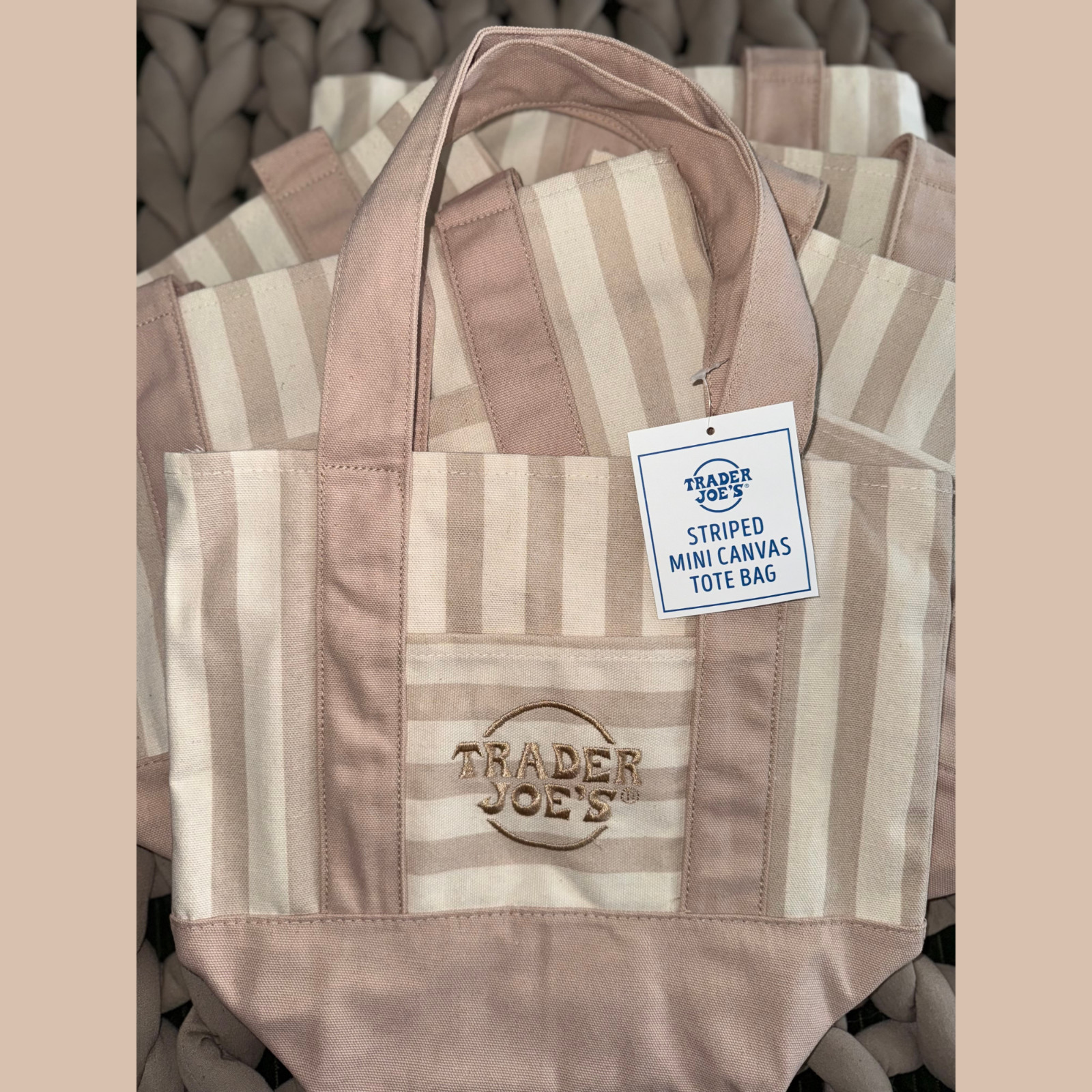 Trader Joe’s Mini Canvas Tote Bag Tan Beige Pastel Striped Reusable Shopping Bag
