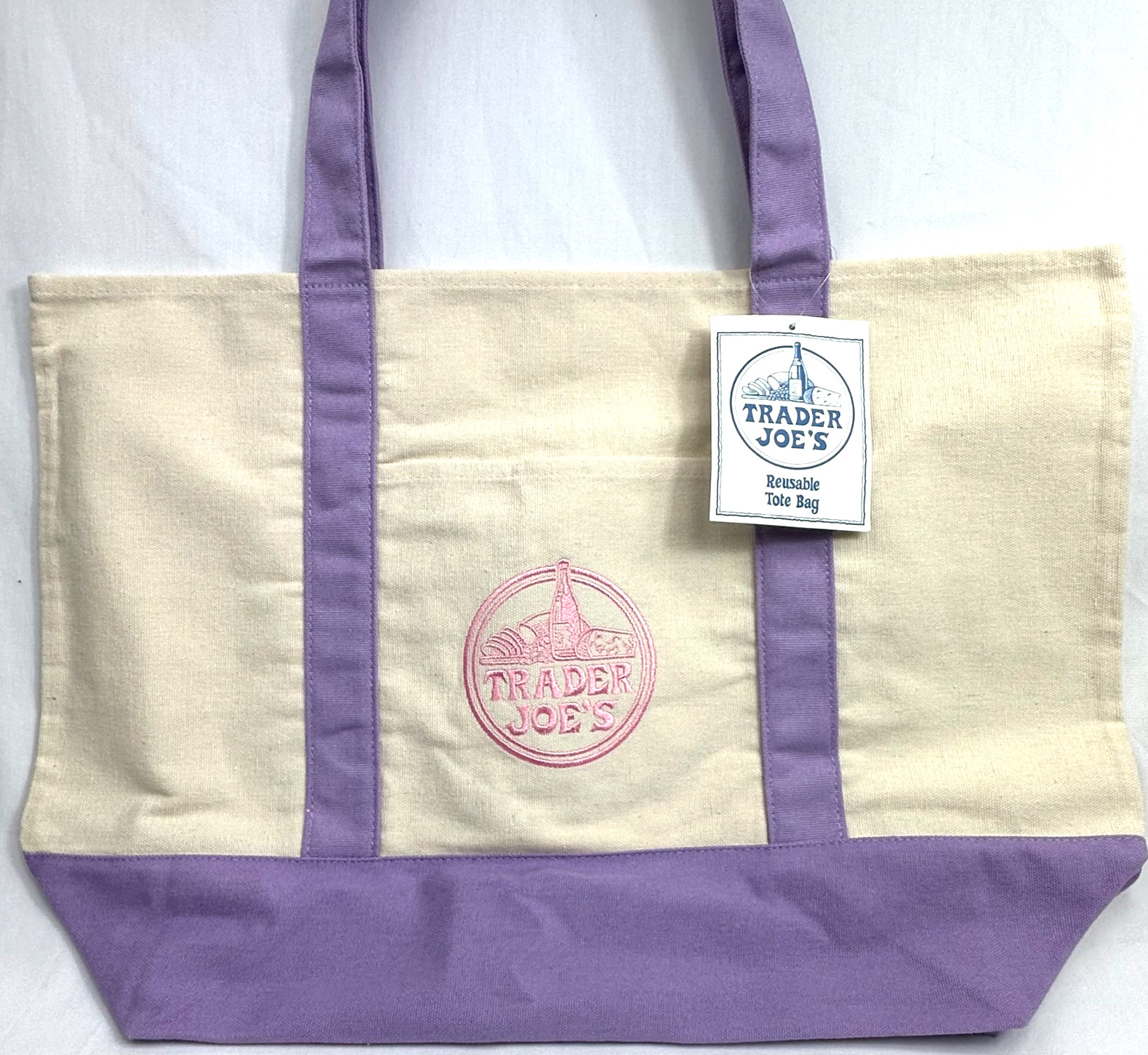 Trader Joe’s Lavender Large Canvas Tote Bag Reusable Grocery Beach Bag NEW
