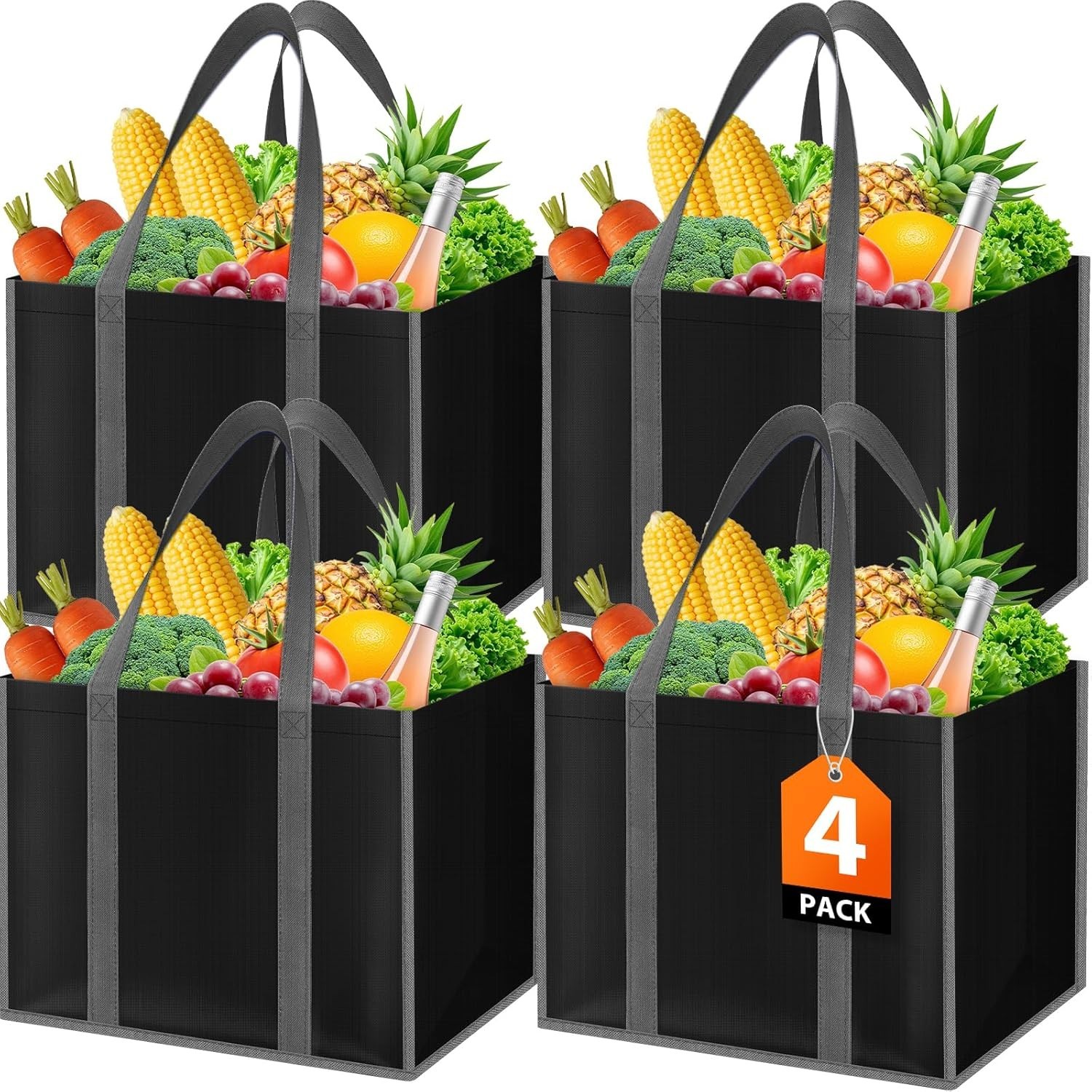 Reusable Grocery Bags with Long Handles [4 Pack] – Multipurpose Large Shopping
