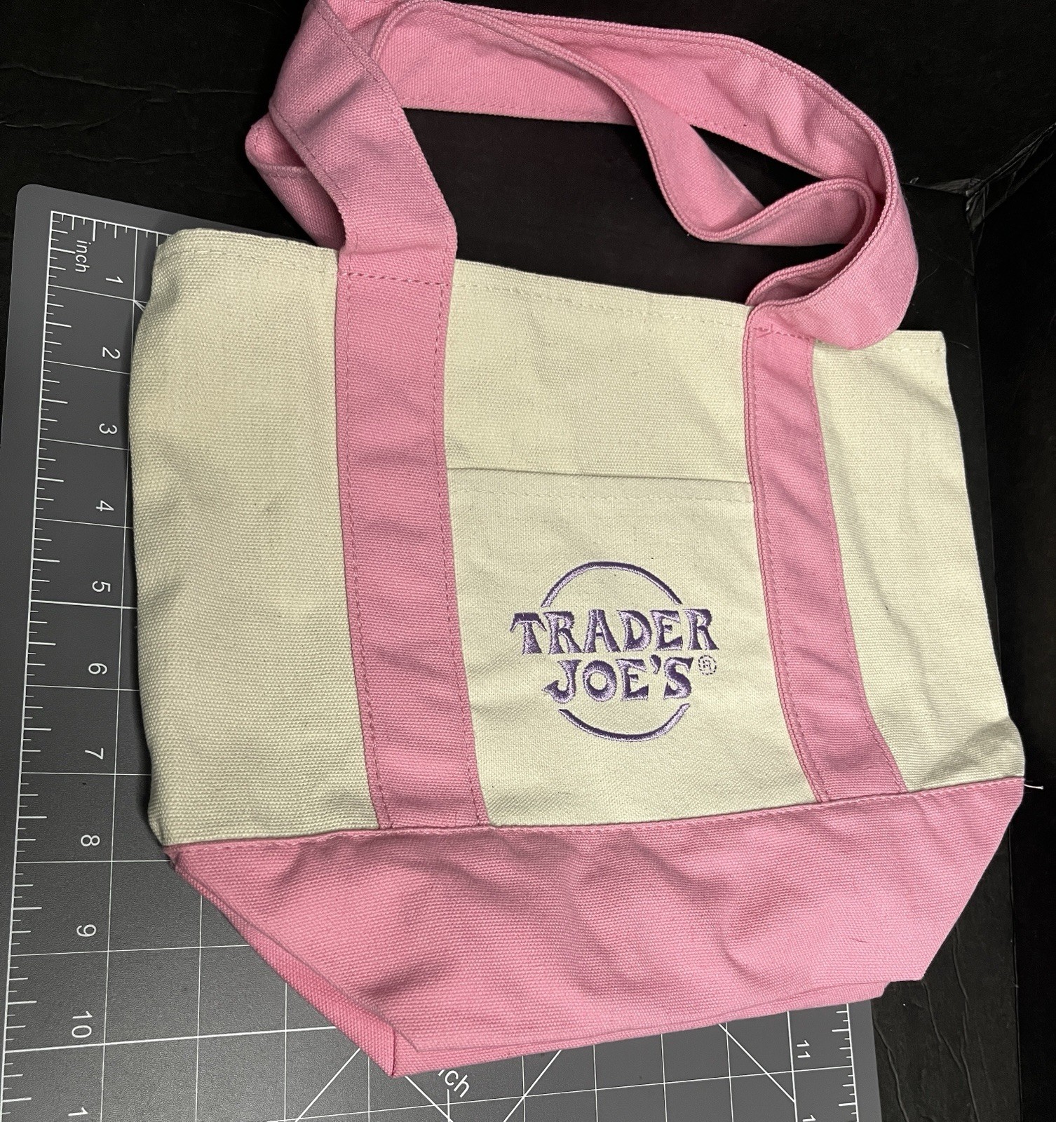 TRADER JOE’S Mini Pink Accented Canvas Tote Bag With Purple Lettering VGUC