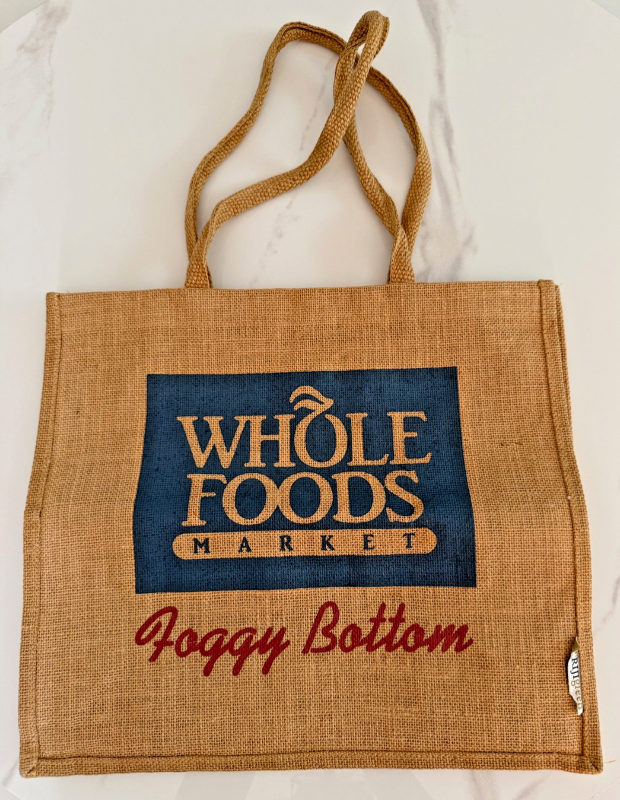 WHOLE FOODS LARGE BURLAP JUTE TOTE BAG FOGGY BOTTOM WASHINGTON DC