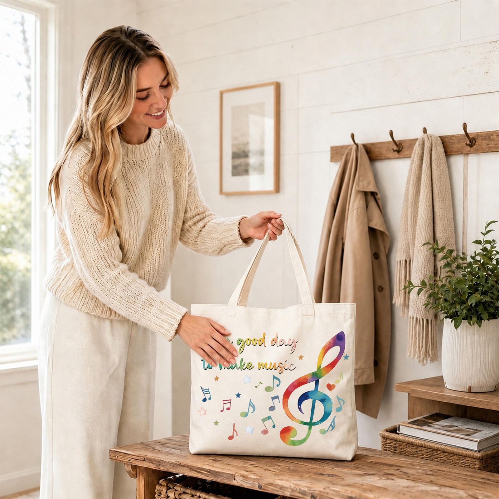Music Tote, Teacher/Listener Gifts – Canvas Bag With Music Notes