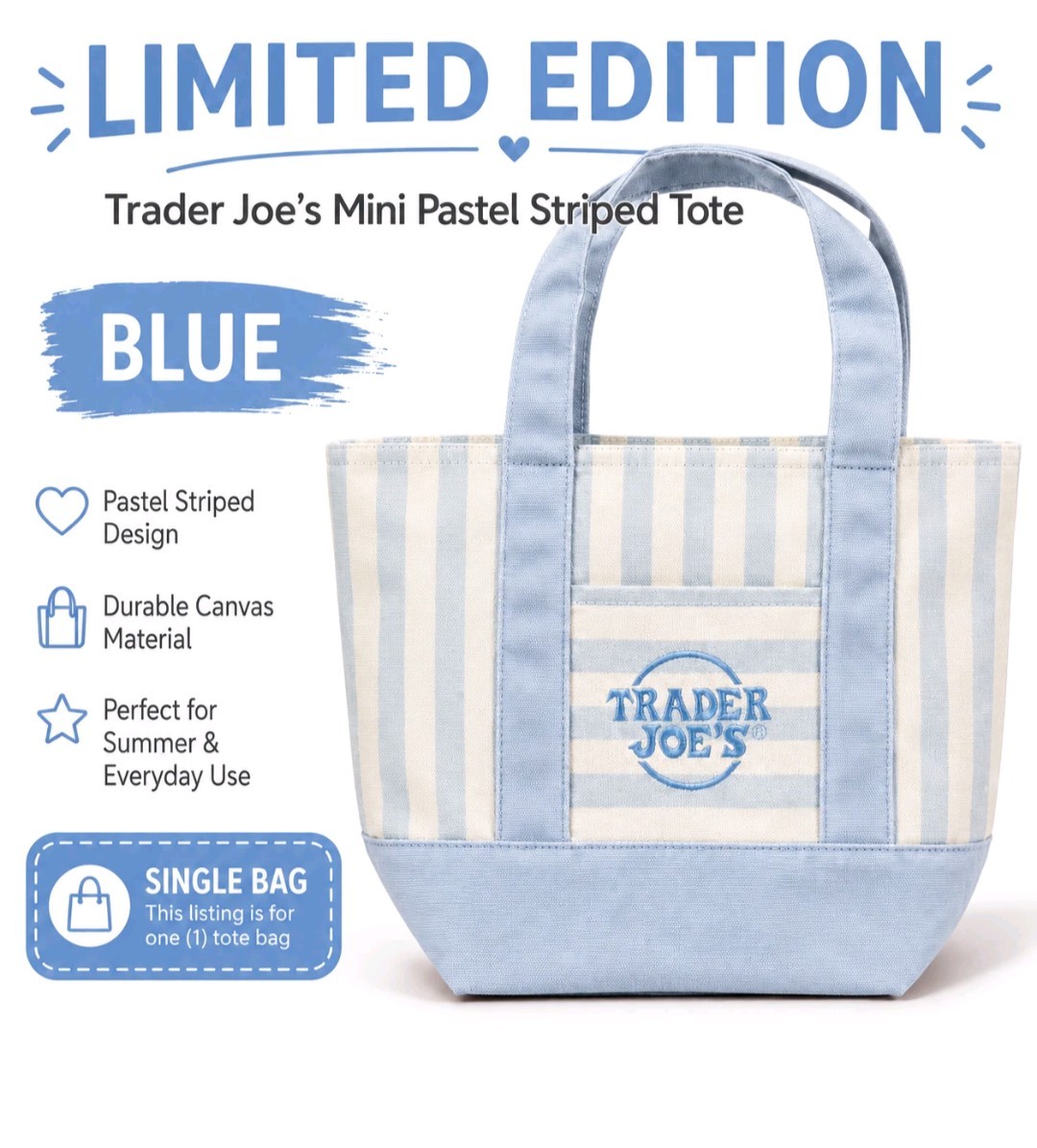 Trader Joe’s Striped Mini Canvas Tote Bag, Blue/White, Cotton/Polyester