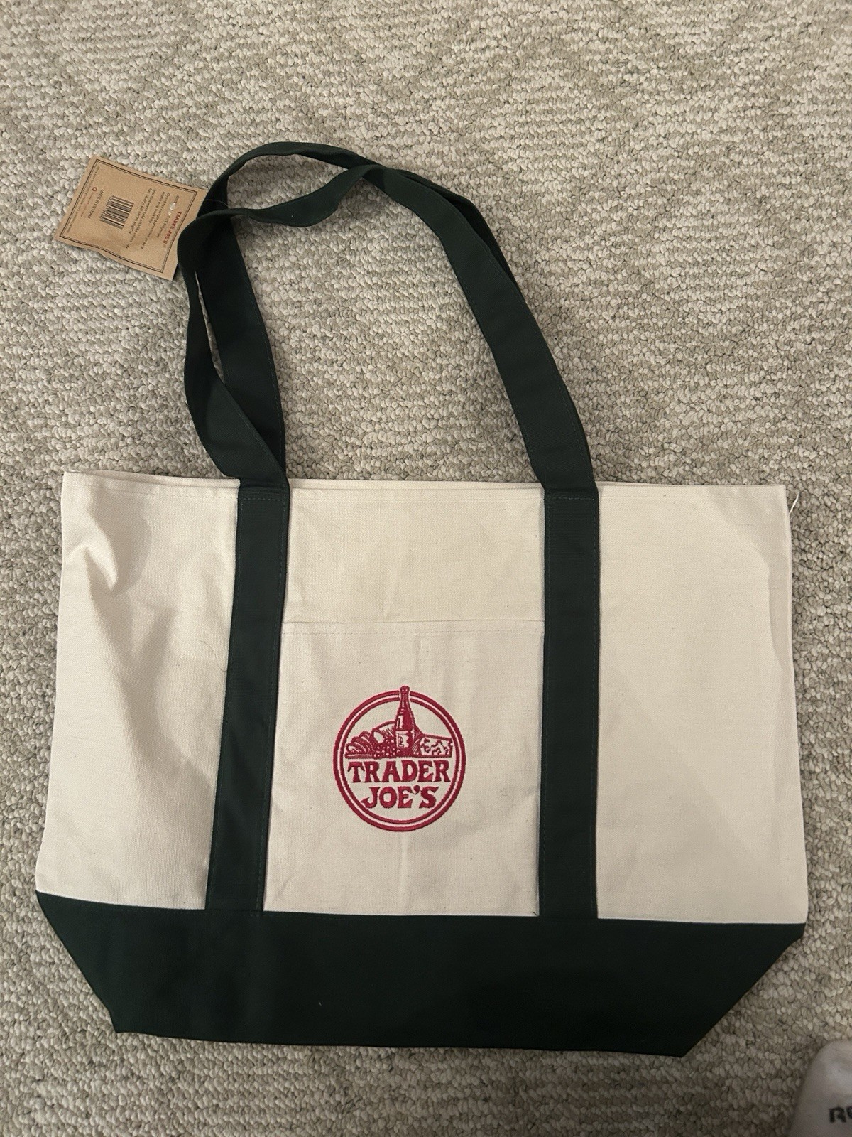 Trader Joe’s Foldable Canvas Reusable Shopping Bag Beige Green Solid