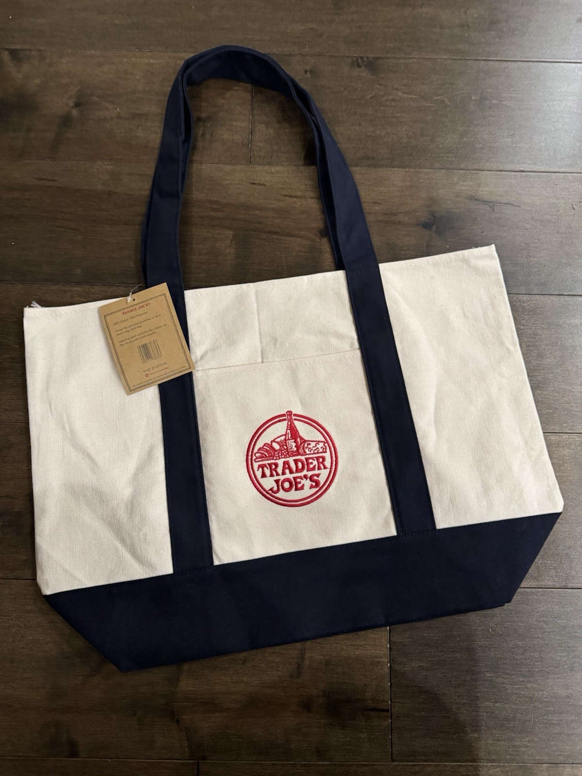 Authentic Trader Joe’s Reusable Canvas Eco Tote Bag Heavy Duty Bag Blue White