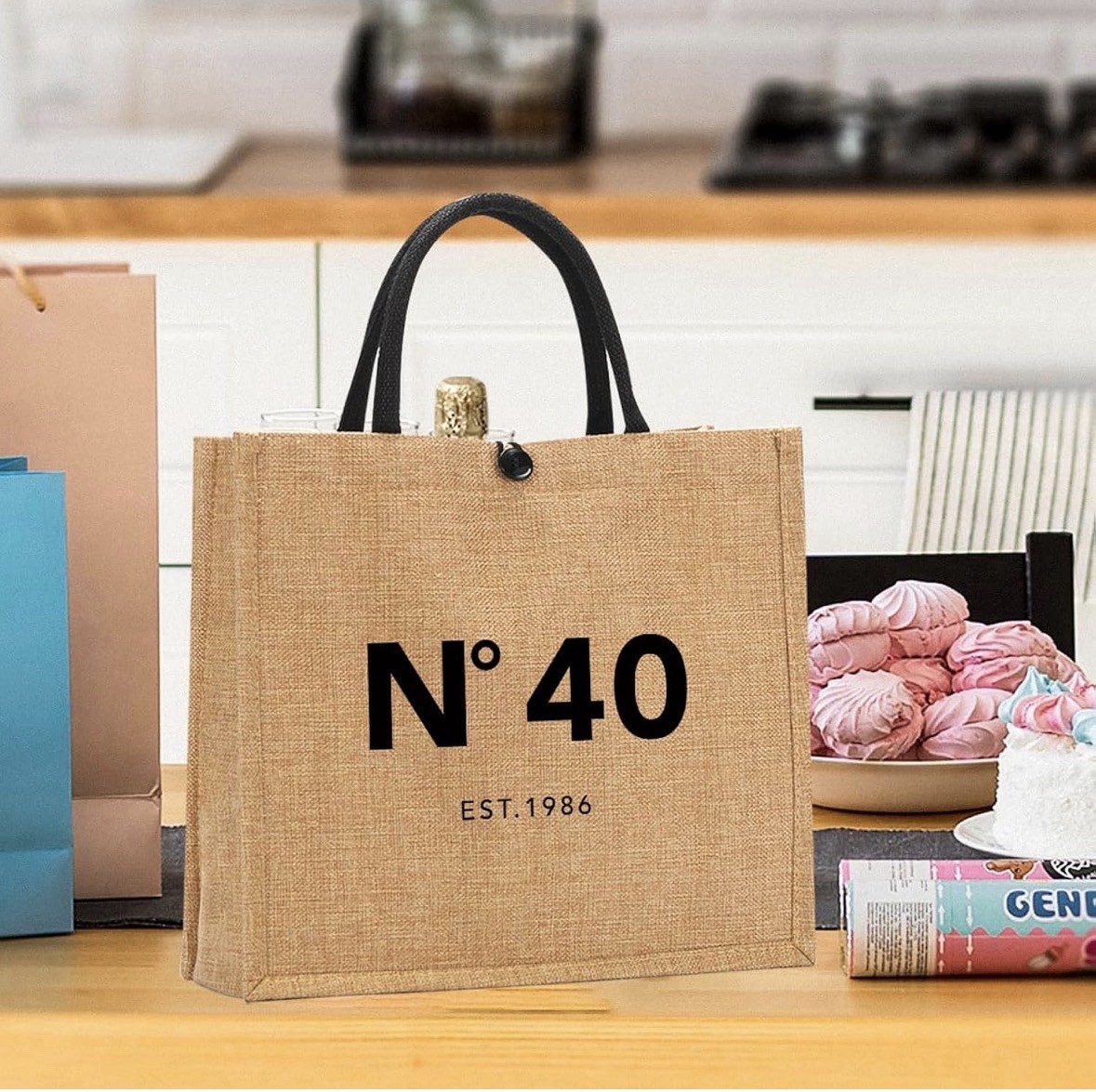 N° 40 Jute Reusable Tote Bag Waterproof Inner Pocket 14x12x5 in