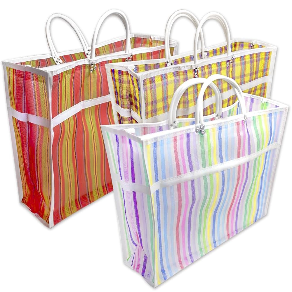 3 PCS Large Mexican Mercado Bags High Thread Mesh Assorted Fits 13×15 Inch