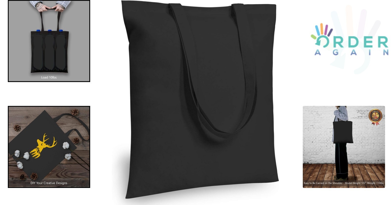 5-Pack Cotton Tote Bags 16x15in Reusable Eco-Friendly Shopping Gift