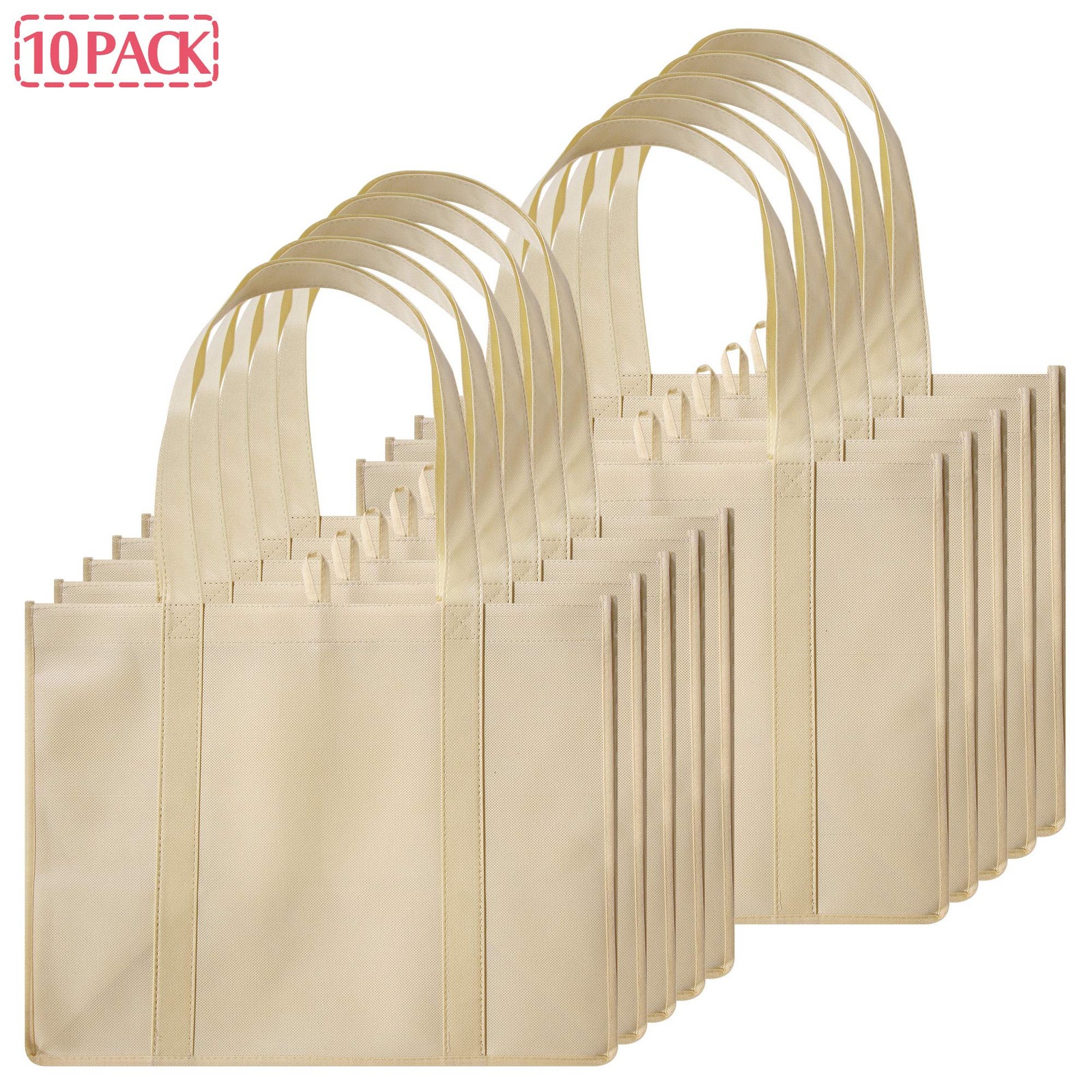 10 PCS Reusable Grocery Bags Extra Large Heavy Duty Shopping Tote Beige