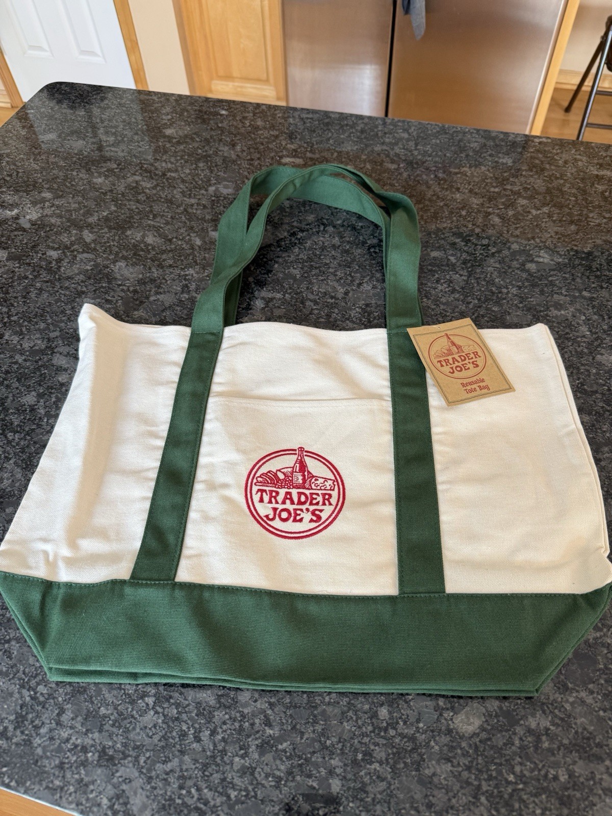 Trader Joe’s Canvas Reusable Shopping Tote Bag Green White Solid Plain Pattern