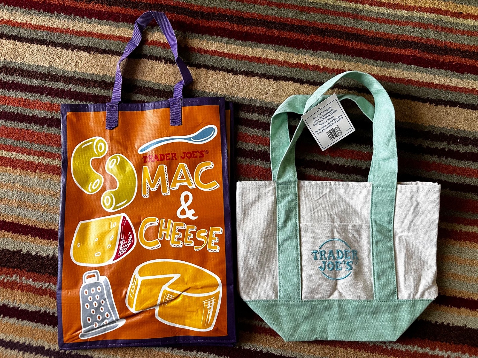 Trader Joe’s Mini Pastel Canvas Tote Bag (Green) and plastic TJ bag