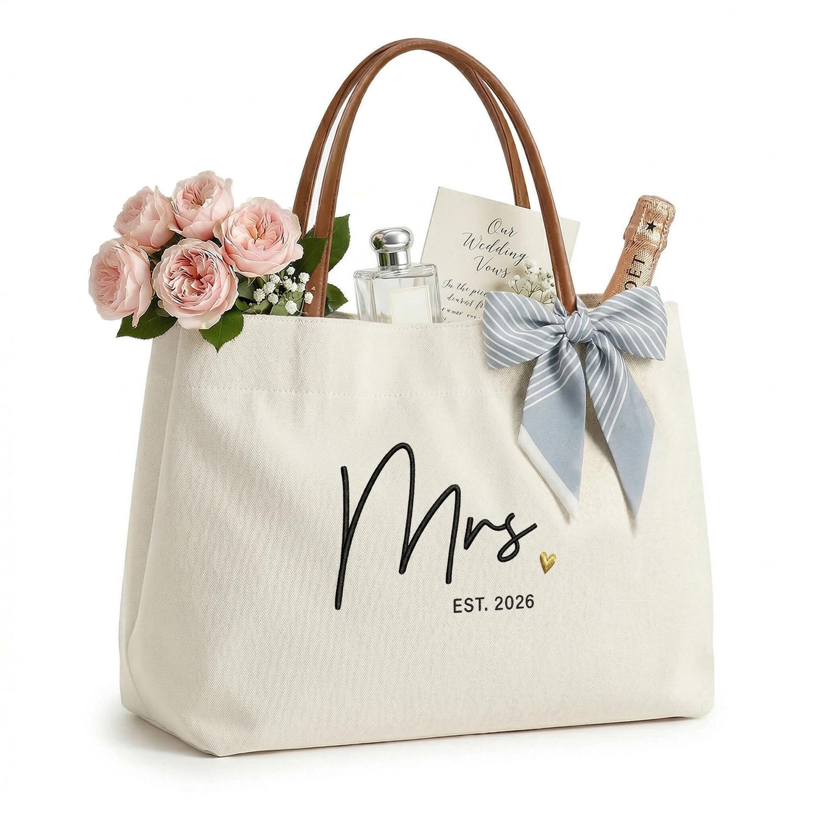 Mrs Gifts for Bride Tote Bag 2026, Embroidered Canvas Wedding Essential Bag w…