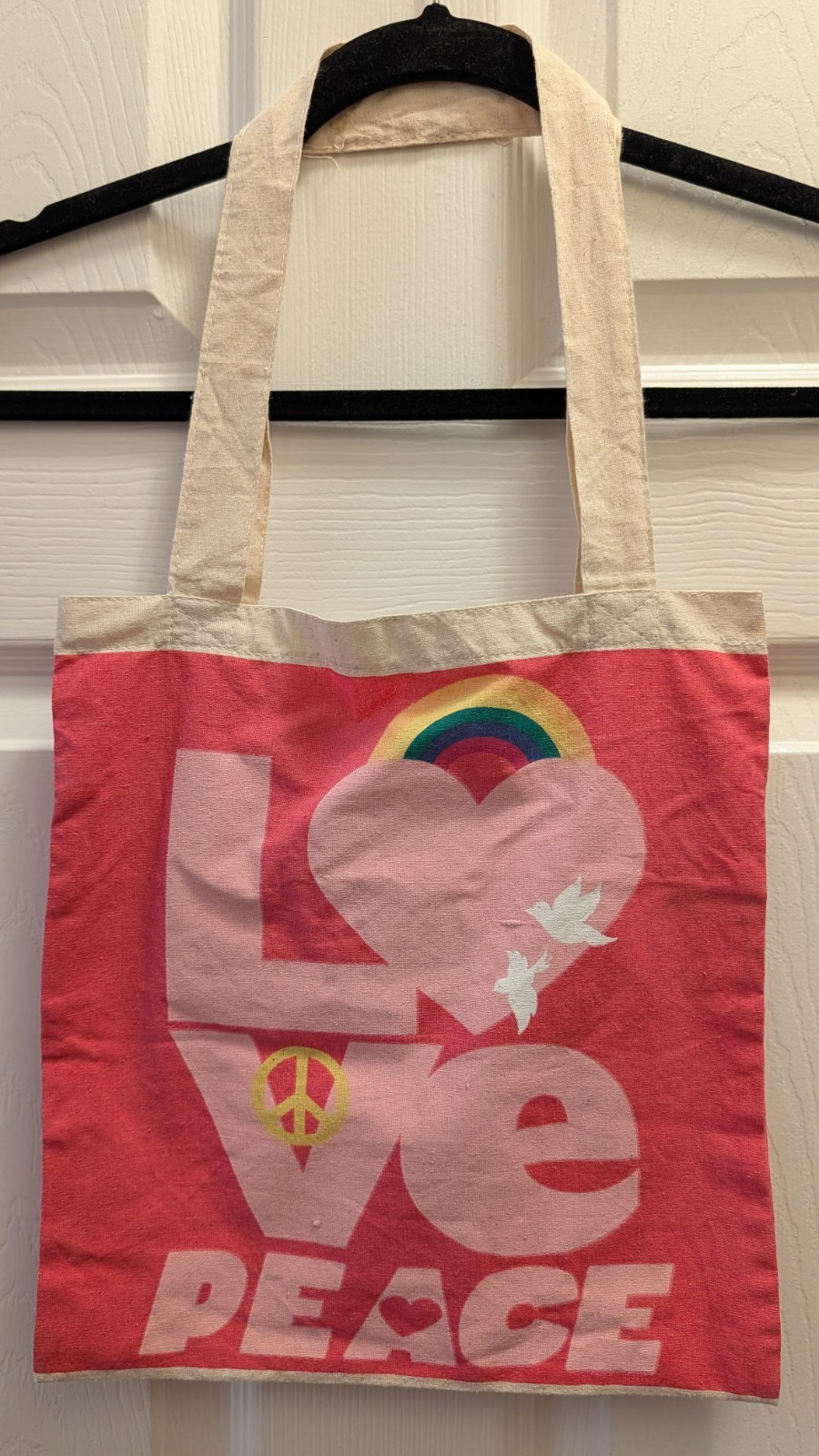 Small Canvas Tote Bag With Handles Pink Printed Love Peace Rainbow Bird Vintage