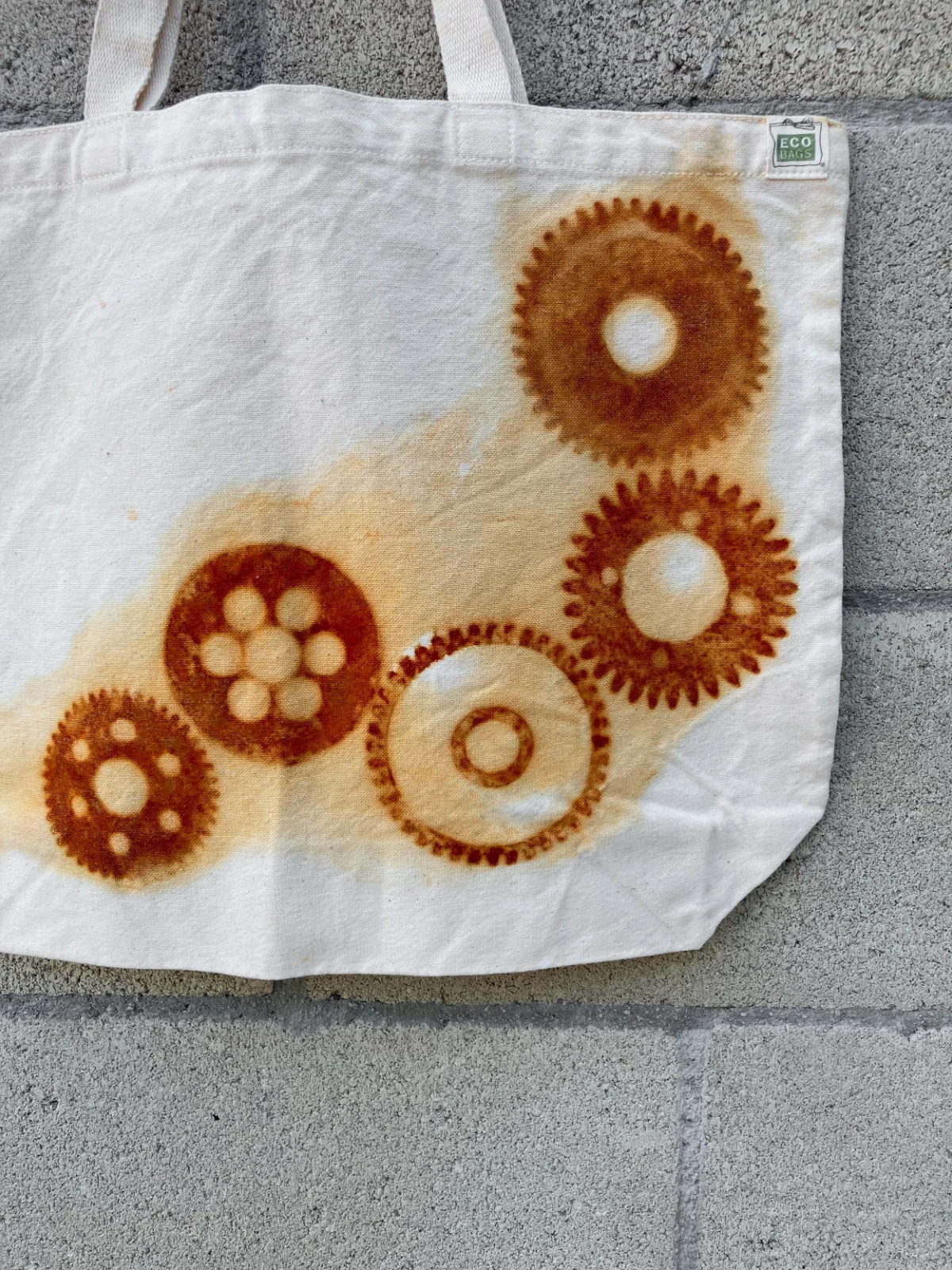 Organic Cotton Farmers Market Tote Bag Rusty Gears Handmade XL 18×14.5 Rust Dyed