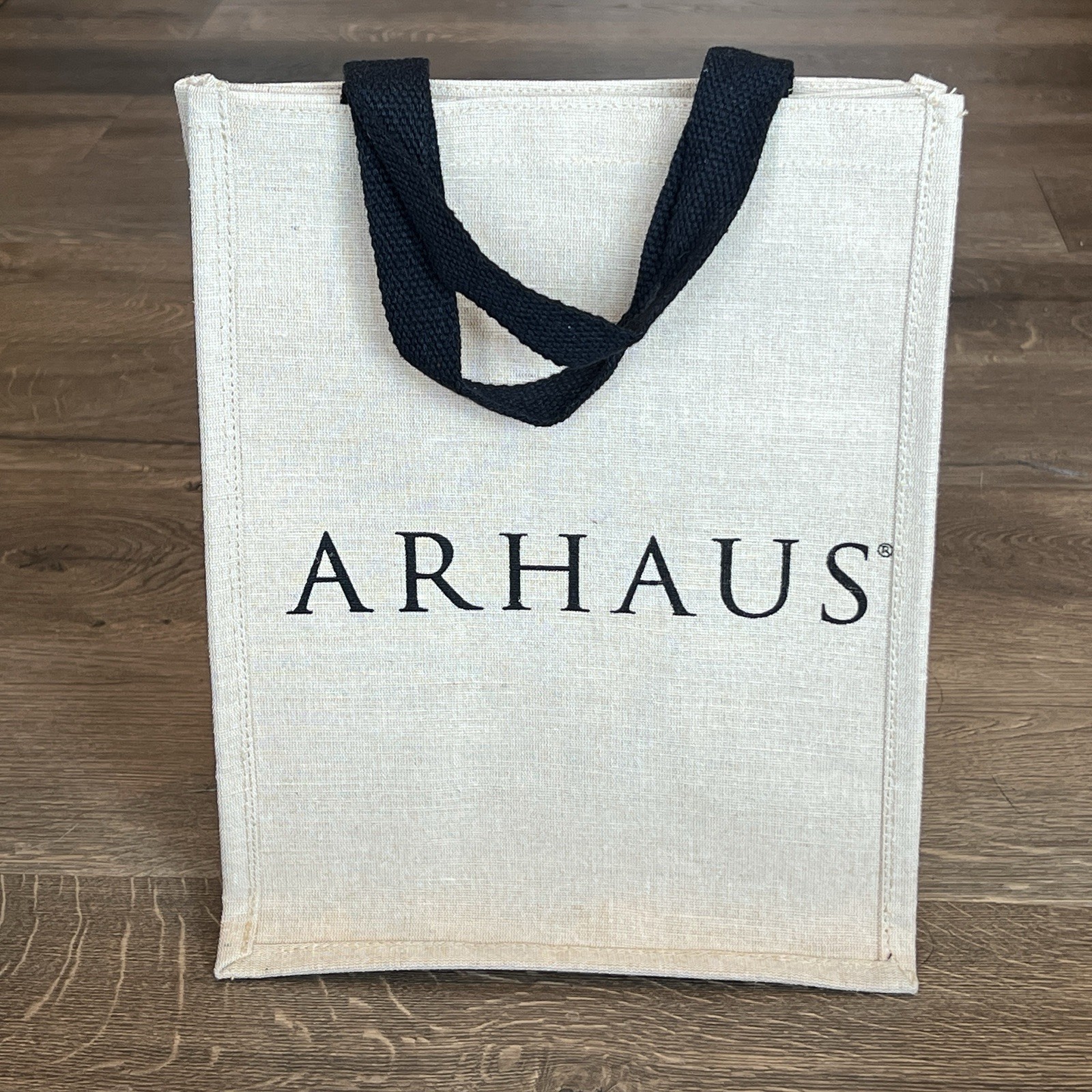 NWOT ARHAUS Jute Beige Tan Black Logo Reusable Shopping Gift Bag 13″x10″x7”
