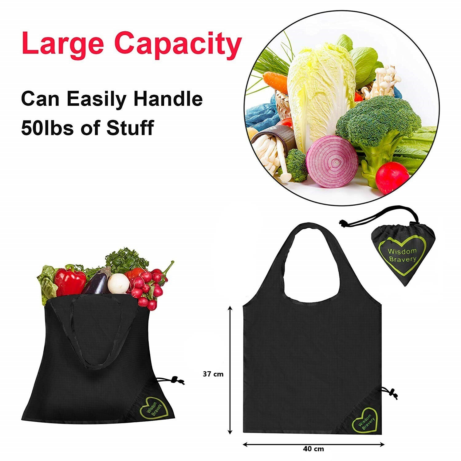 6 Pack Reusable Grocery Bag Heavy Duty Shopping Tote Design Washable Polyester