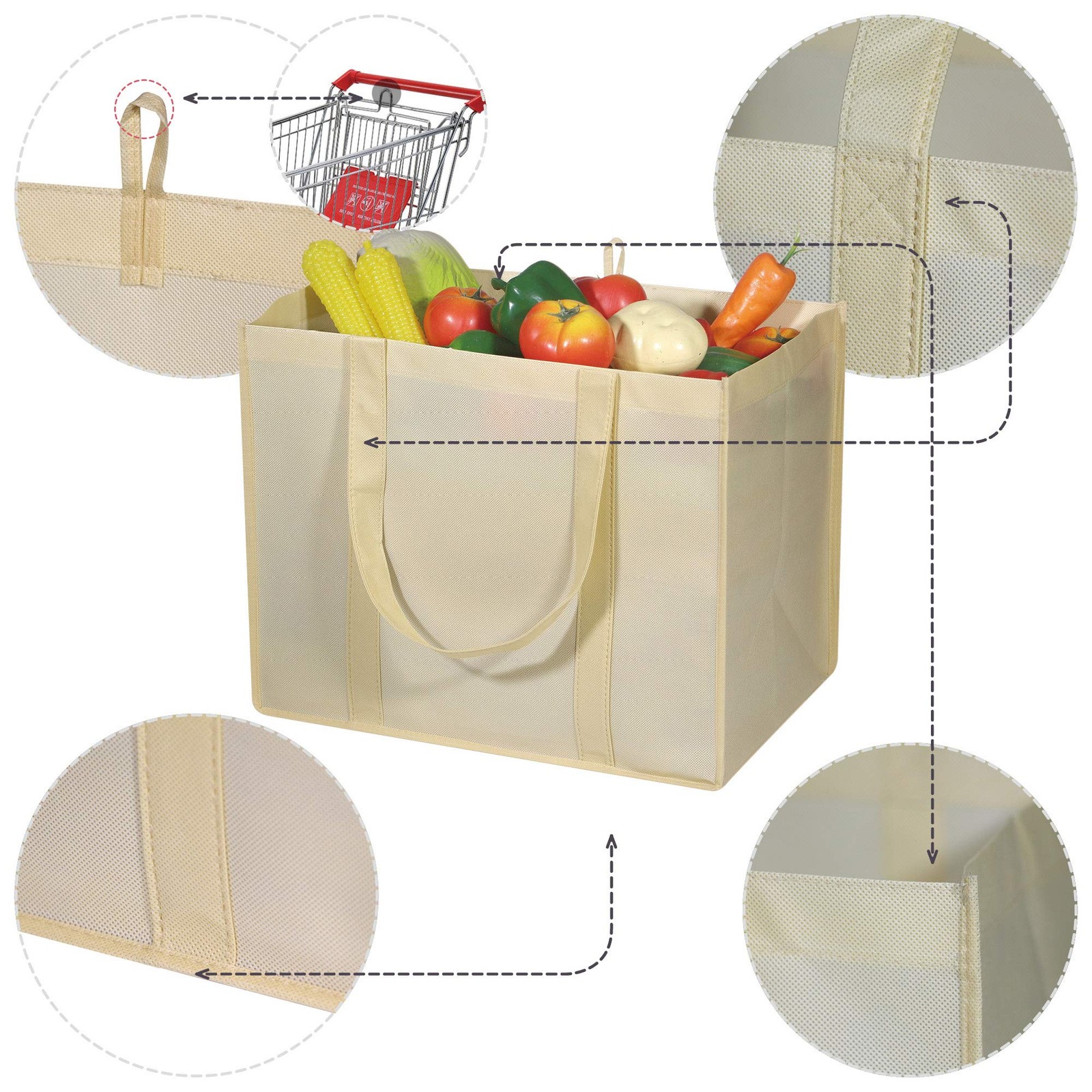 10 PCS Reusable Grocery Bags Extra Large Heavy Duty Shopping Tote Bags Beige
