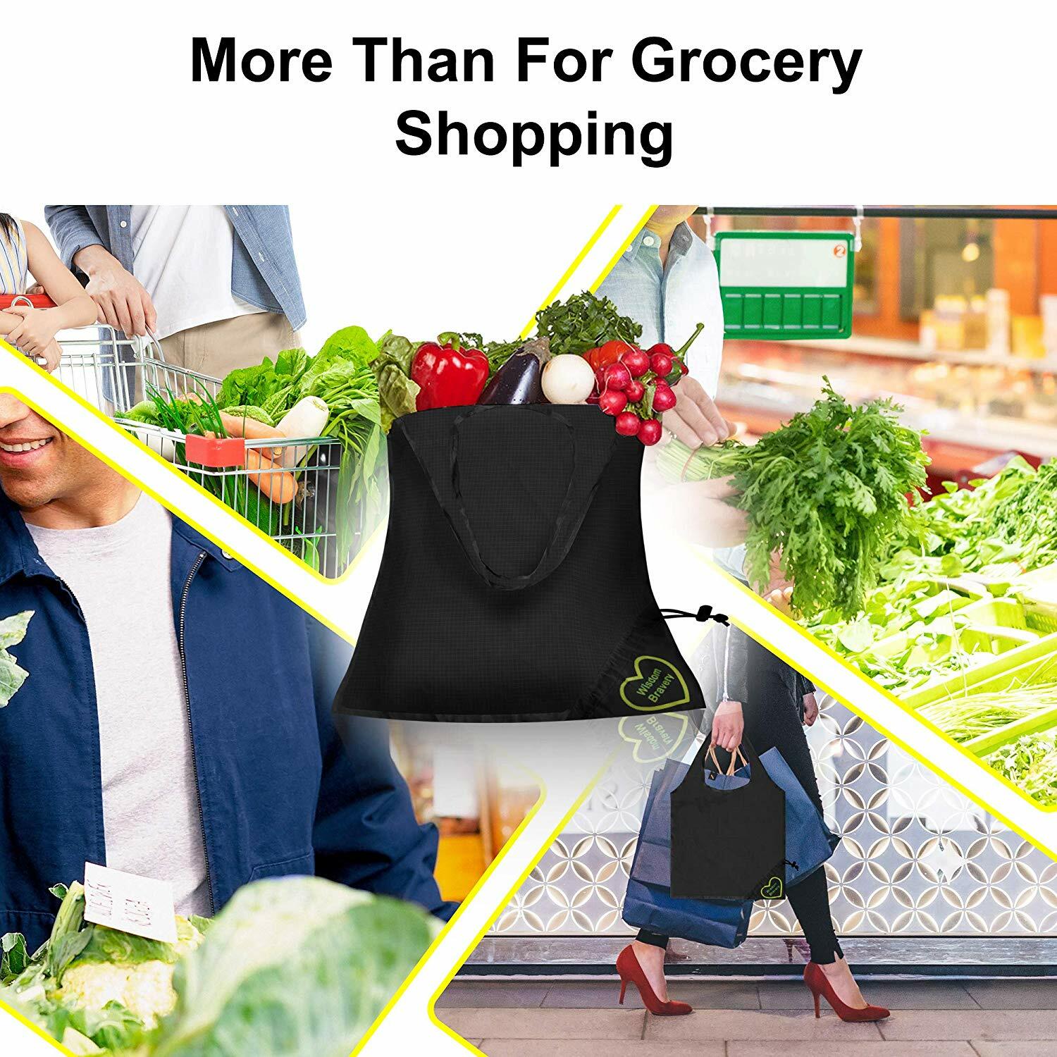 6 Pack Reusable Grocery Bag Heavy Duty Shopping Tote Design Washable Polyester