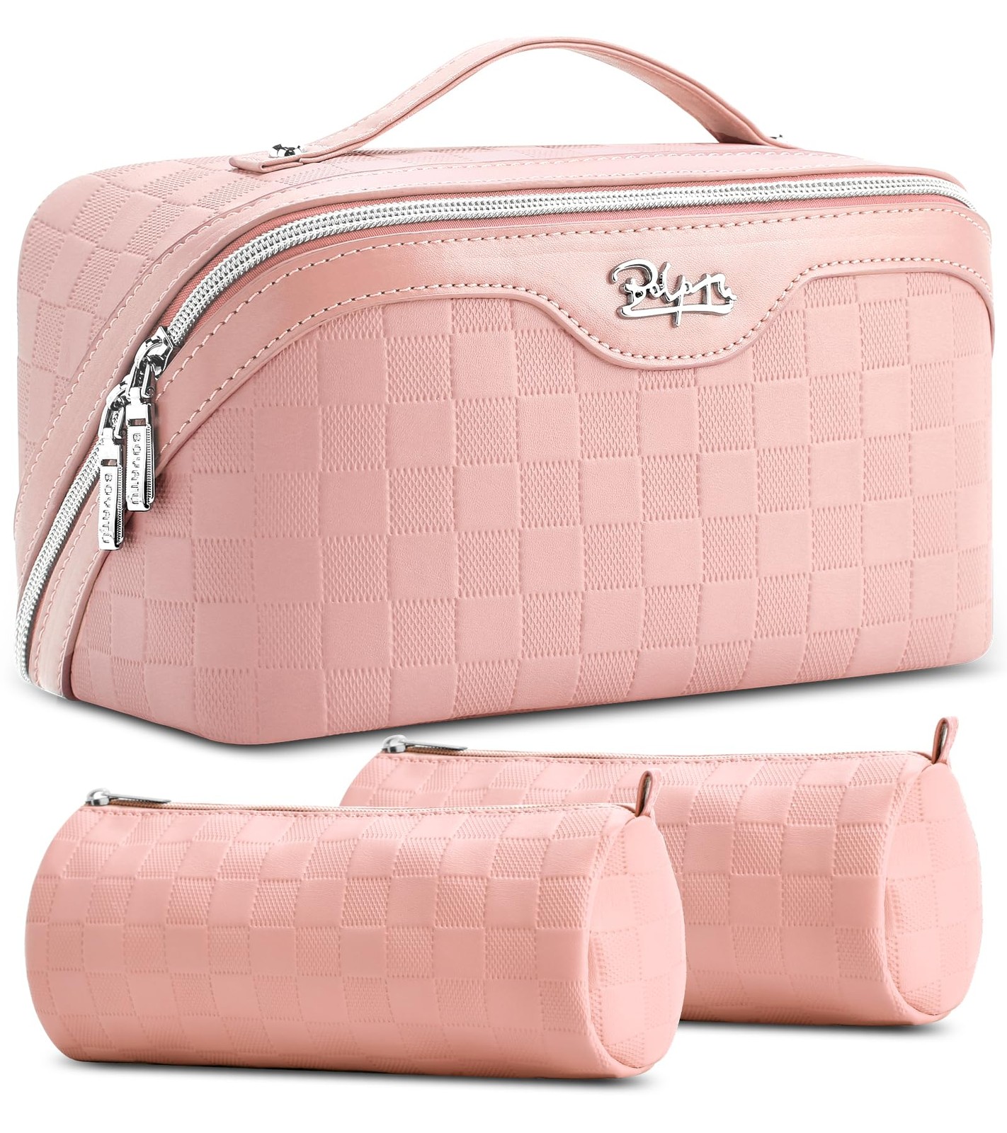 BOYATU Travel Makeup Bags for Women: Sweet Pink Checkered Large 01-D-Pink
