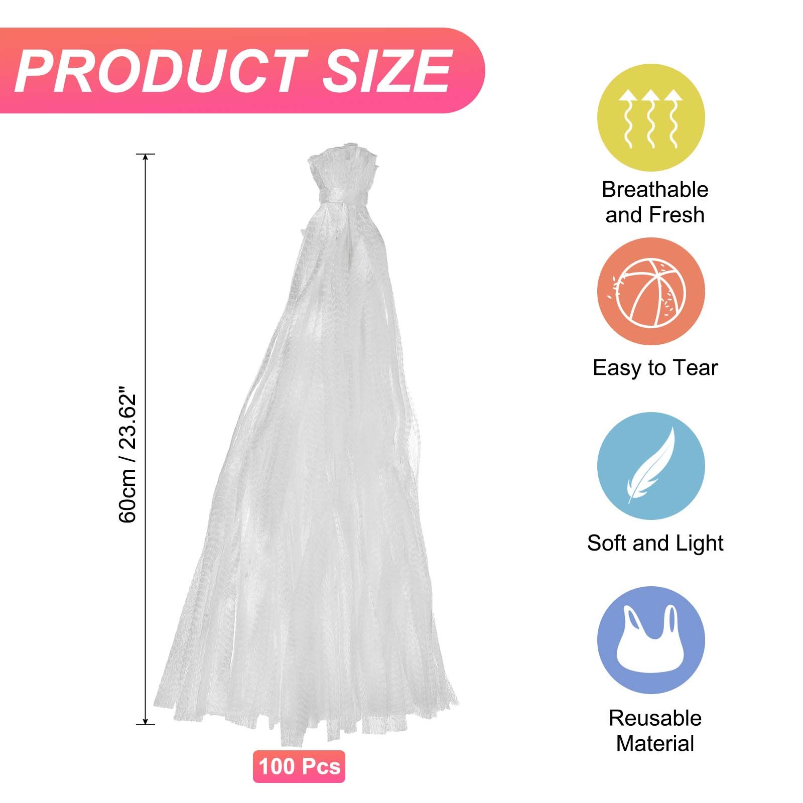 100Pcs Reusable Mesh Produce Bags, 23.6 Inches Egg Bags, White