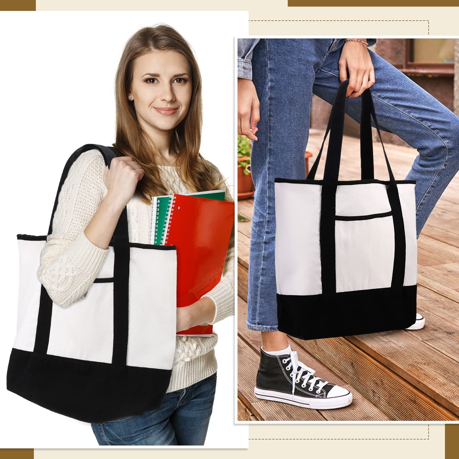 Reginary 16 Pcs Canvas Tote Bags Bulk with Outer Pocket 18 Inch Reusable Shop…