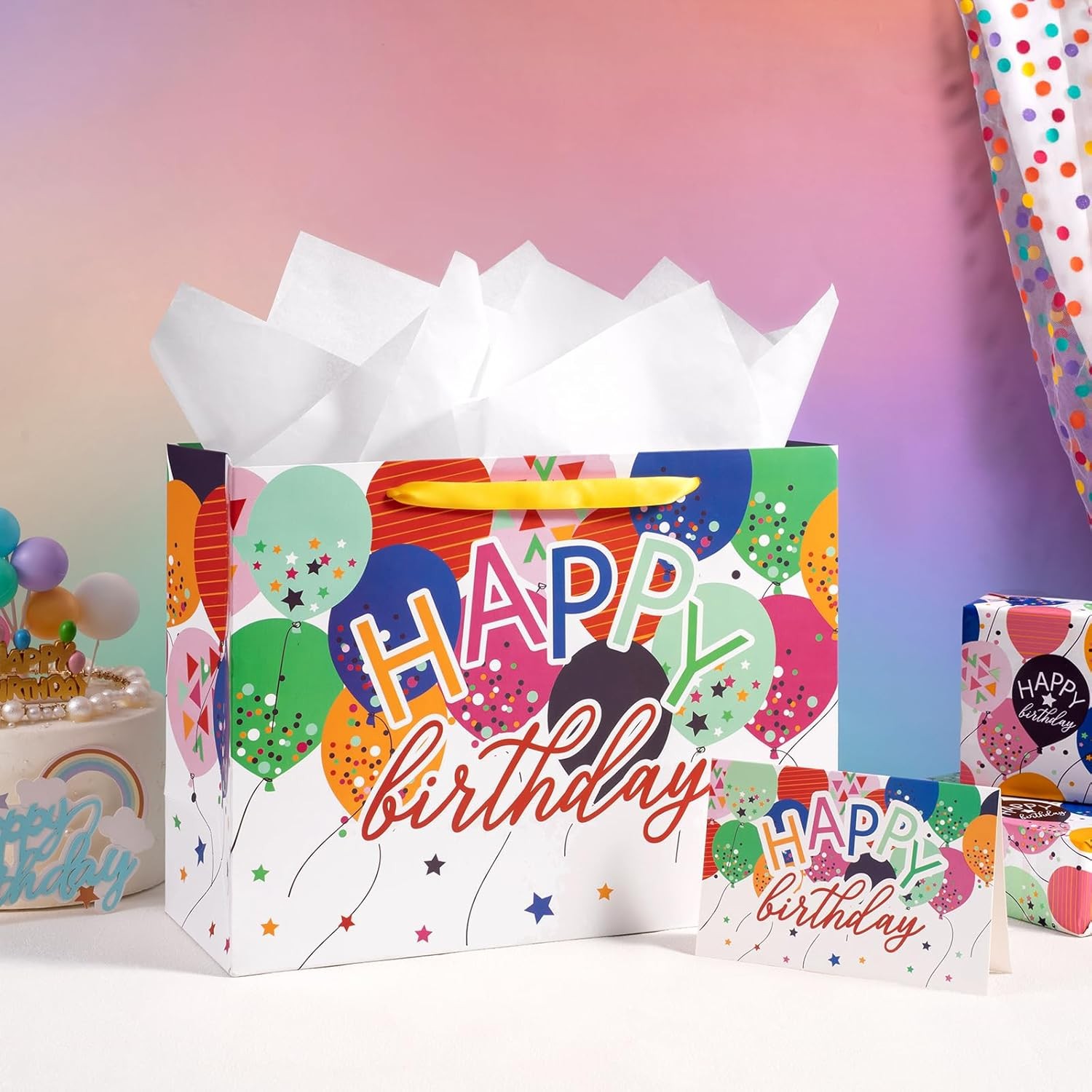 13″ Large Birthday Bag with Card and Tissue Paper – Colorful Balloons and Happy