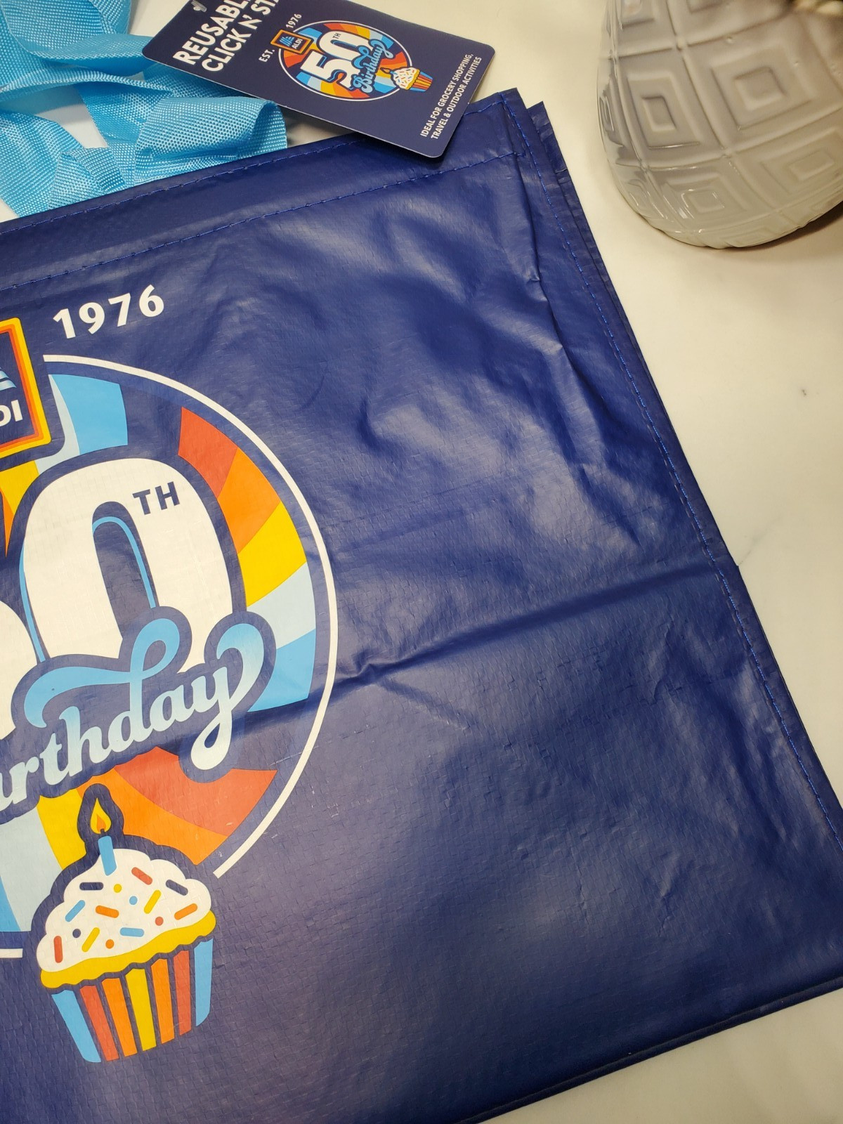 ALDI XL Reusable CLICK AND STAY 50th Birthday Est. 1976 Shopping Bag Tote🔵 NEW