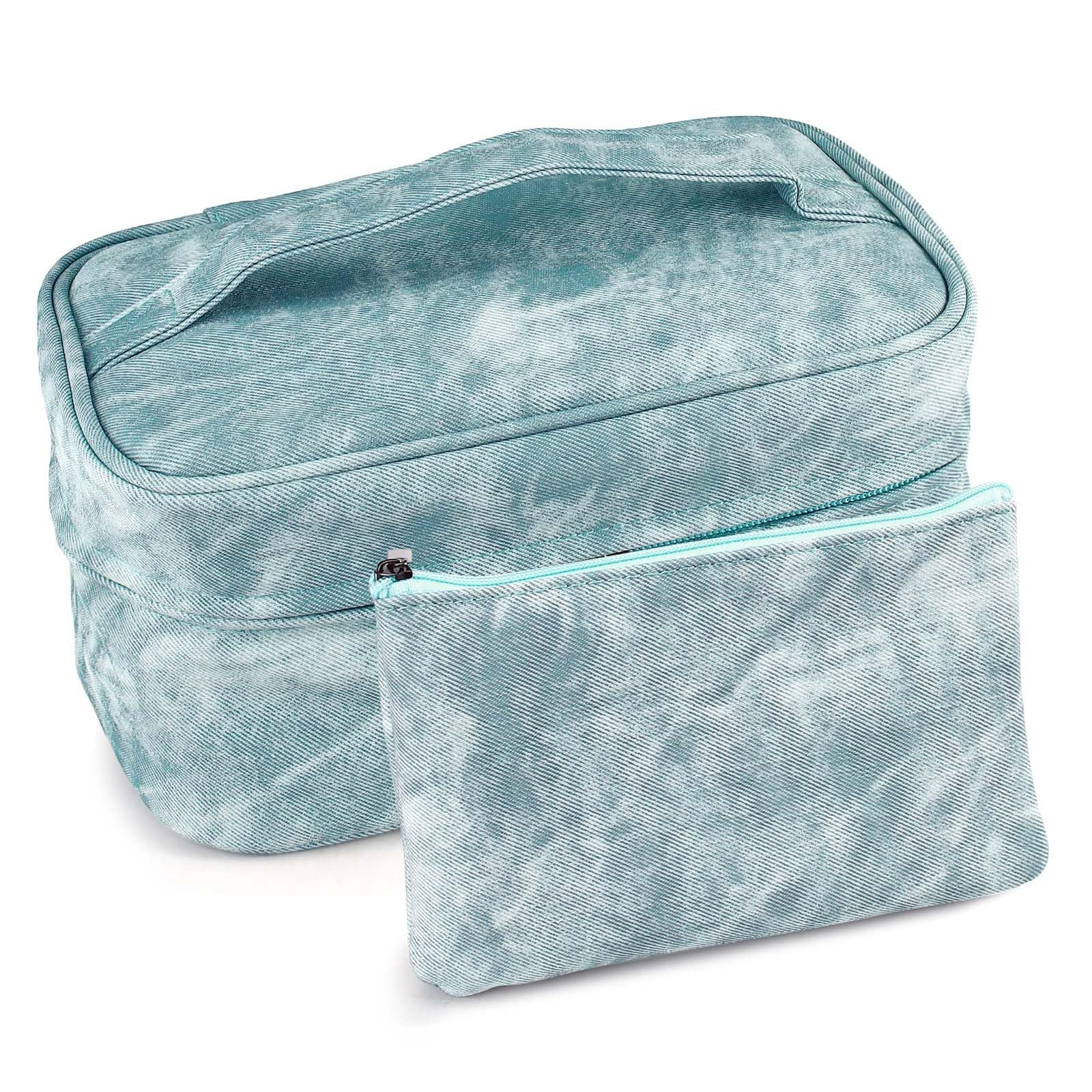 Huakaile PU Leather Makeup Bag with Zipper, Waterproof Large Capacity Blue