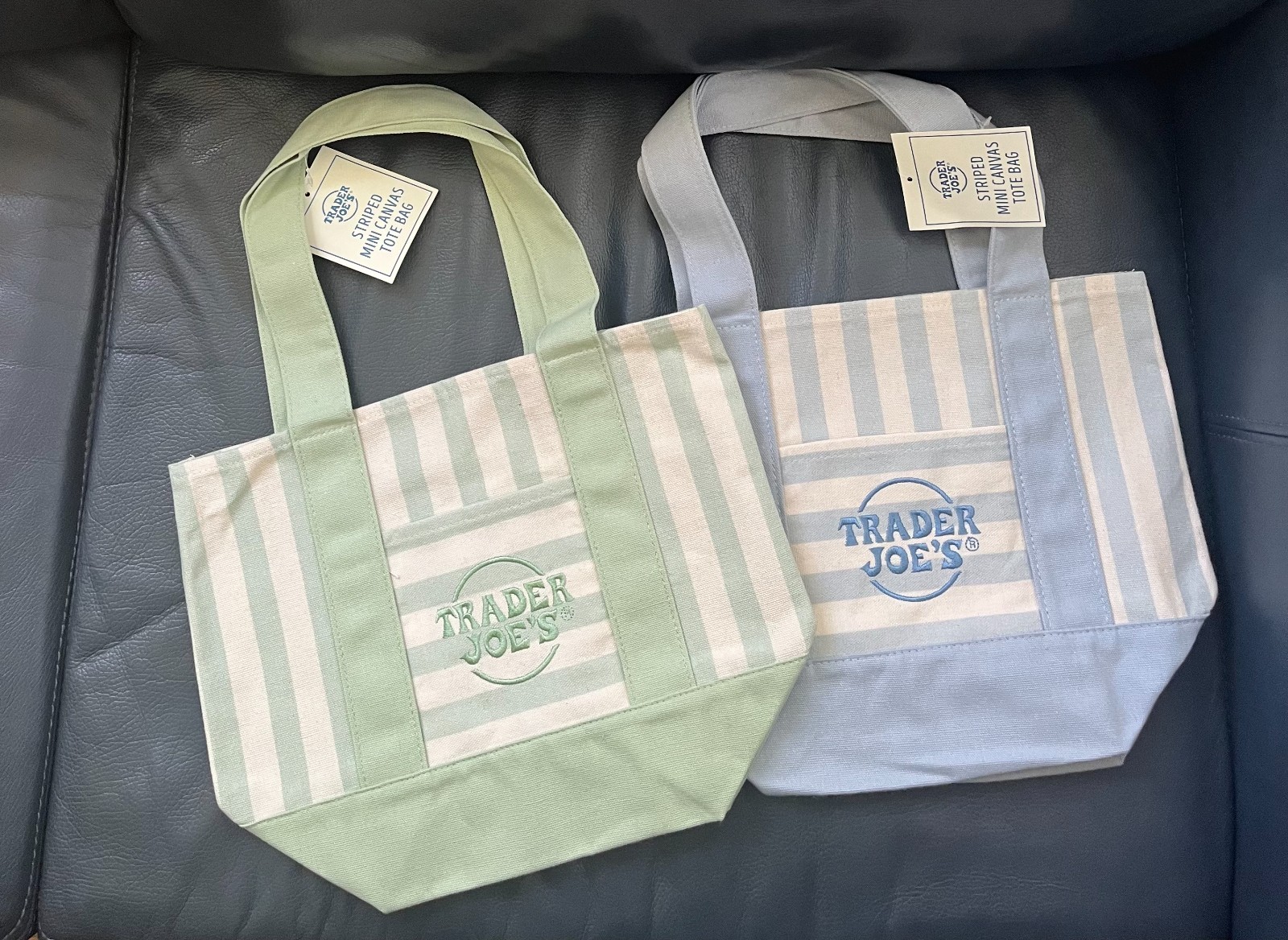 trader joe’s pastel striped mini tote bags 2 pack!!!! blue and green!!!