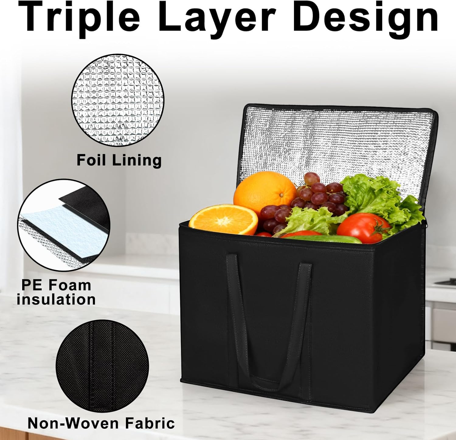 2 I 4 Pack Insulated Reusable Grocery Shopping Bags with zippered top,Food Deliv