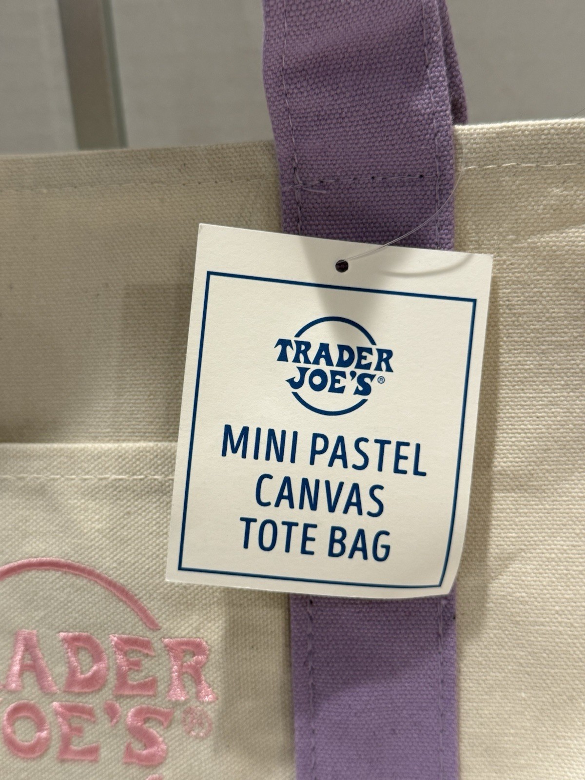 NWT Trader Joes Mini Pastel Canvas Tote Bag Purple Reusable Grocery Bag