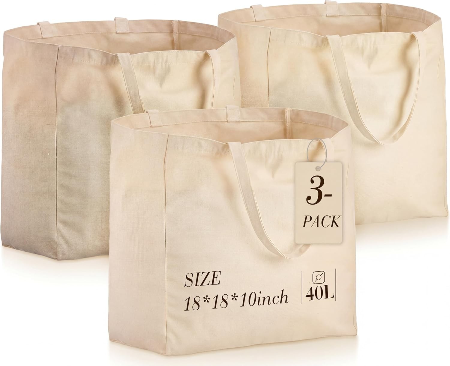 3 Pcs 18x18x10 in Extra Large Reusable Canvas Tote Bag W/ Zipper Washable Heavy