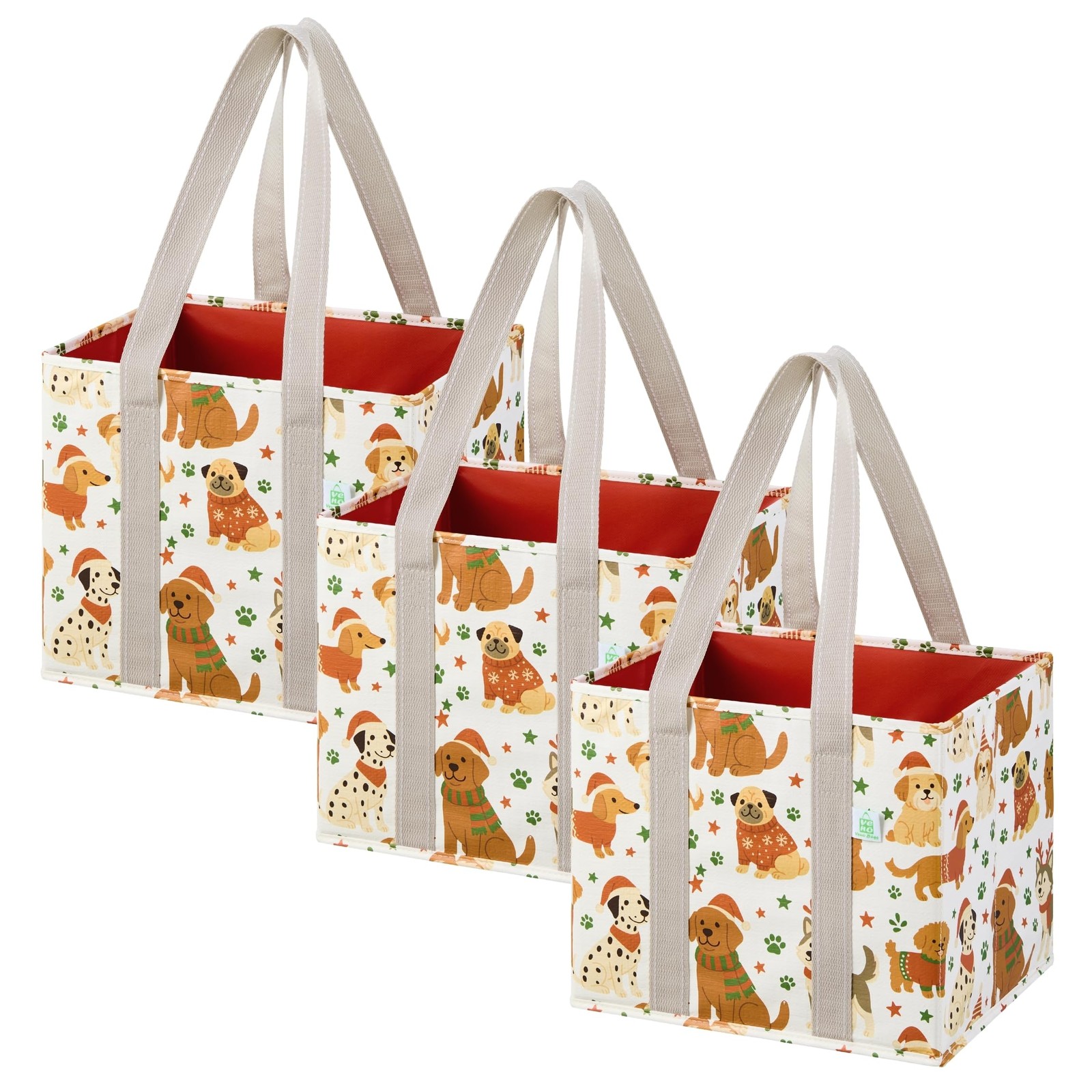 3 PCS 6 Gallon Holiday Pups Reusable Grocery Bags Hard Bottom Foldable