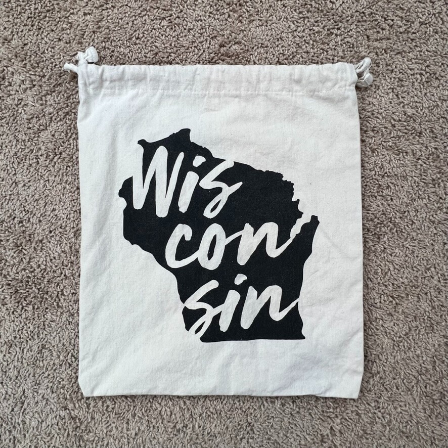 WISCONSIN State Graphic Print Beige Drawstring Produce Bag Reusable Tote