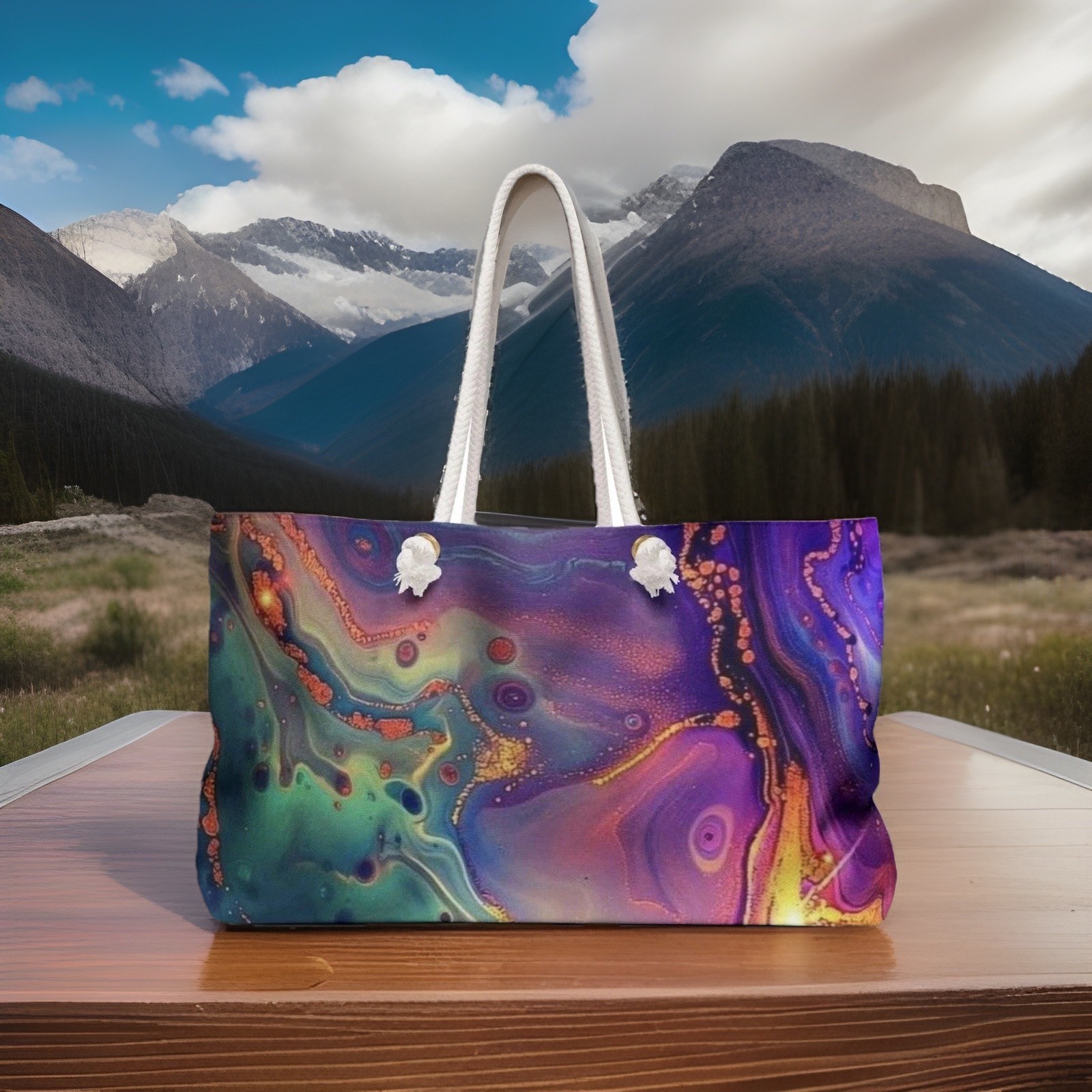 Large Multicolor Abstract Weekender Bag Polyester Reusable Rope Handles 24×12