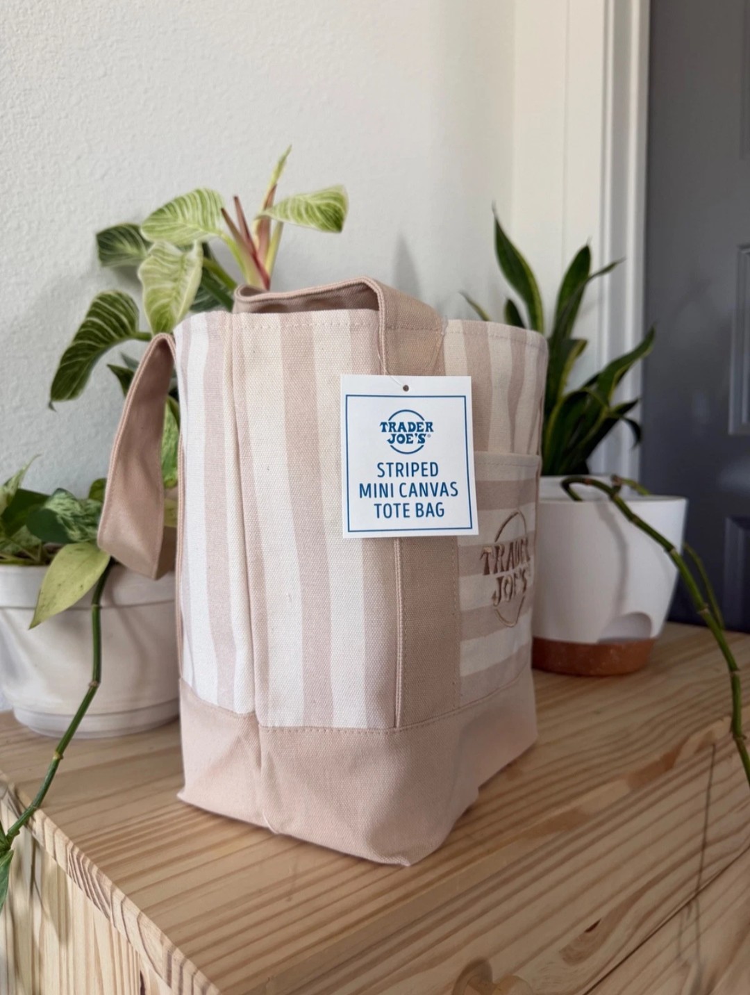 New Trader Joe’s Mini Beige – Tan summer 2026 Striped Canvas Tote Bag Fast Ship