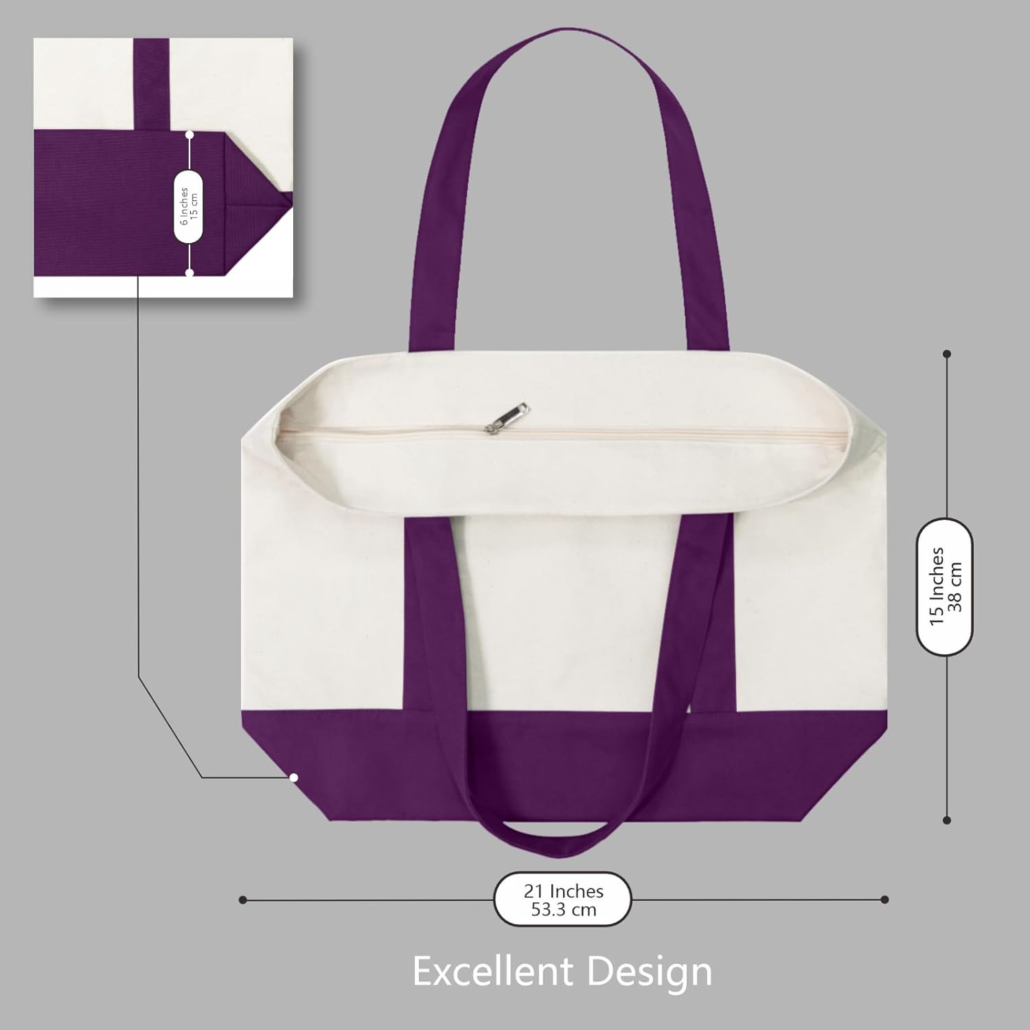 Large Cotton Canvas Tote Bag 12oz Heavy Duty Reusable Shopping Bag Zipper