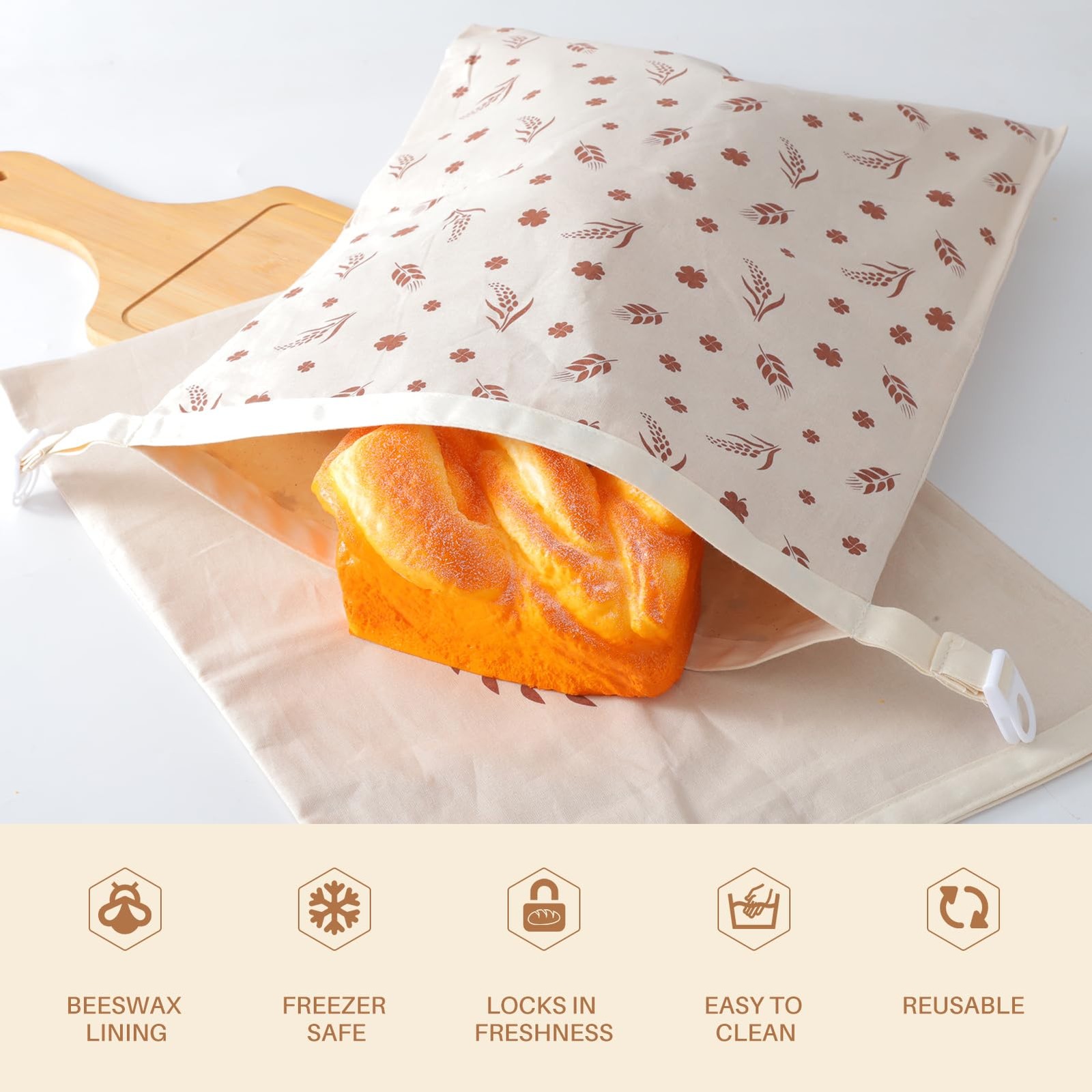 2 Pack Reusable Beeswax Bread Bags for 13 inches x 17 inches, white