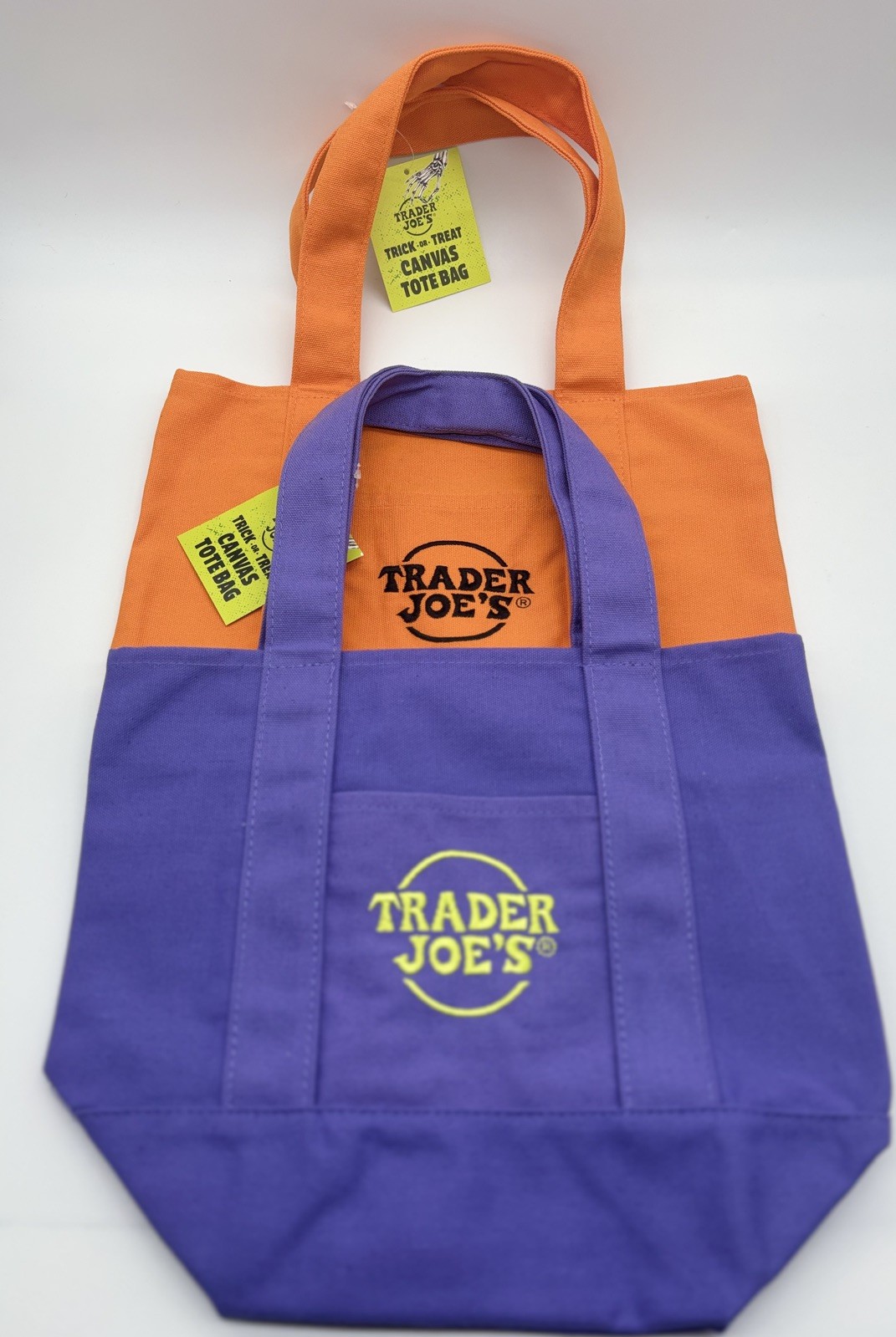 Trader Joe’s Mini HALLOWEEN 🎃 SET of 2 Canvas Tote Bags PURPLE & ORANGE BNWT
