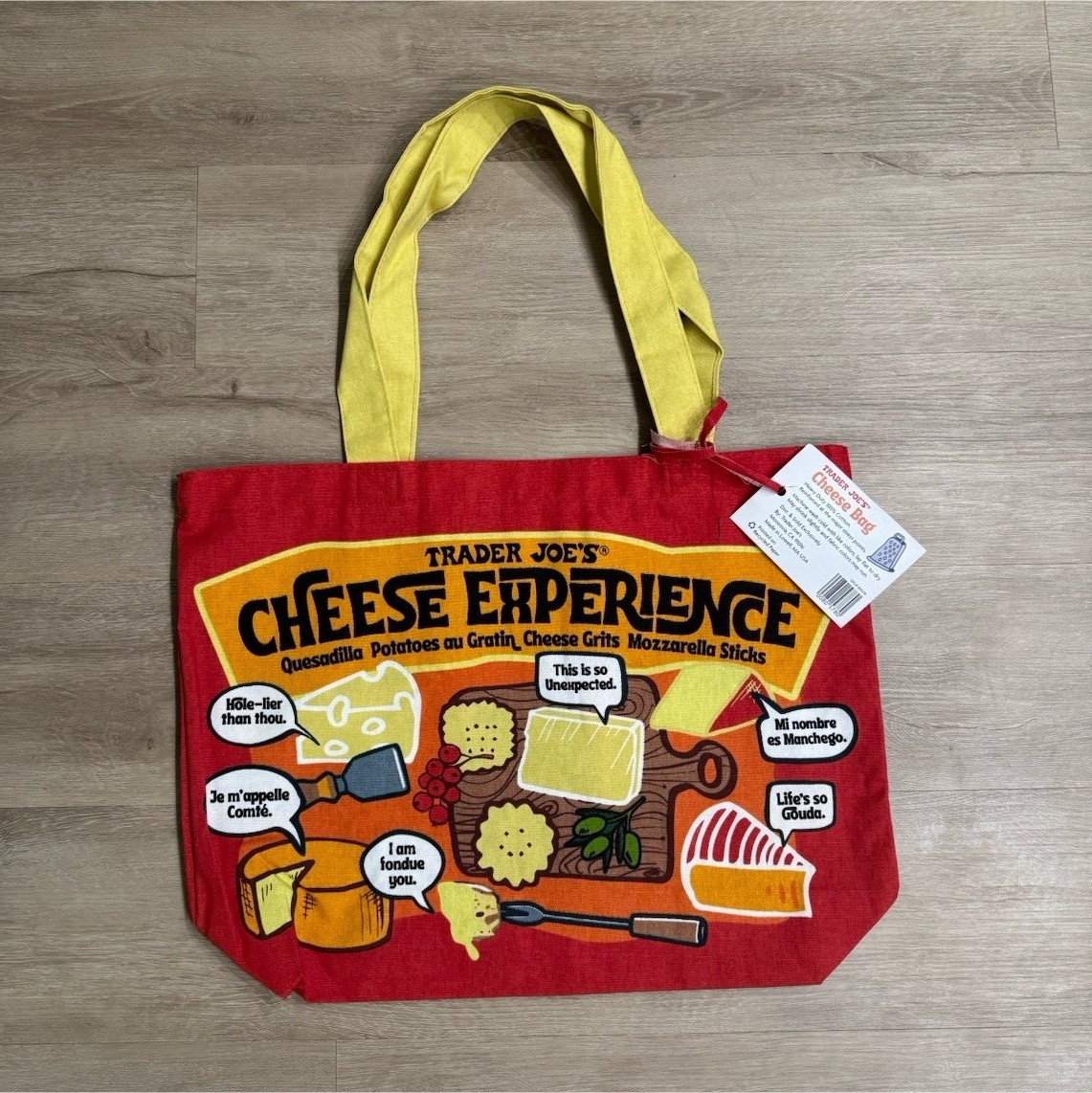 Trader Joe’s Cheese Experience Canvas Reusable Shopping Bag Large Red Yellow